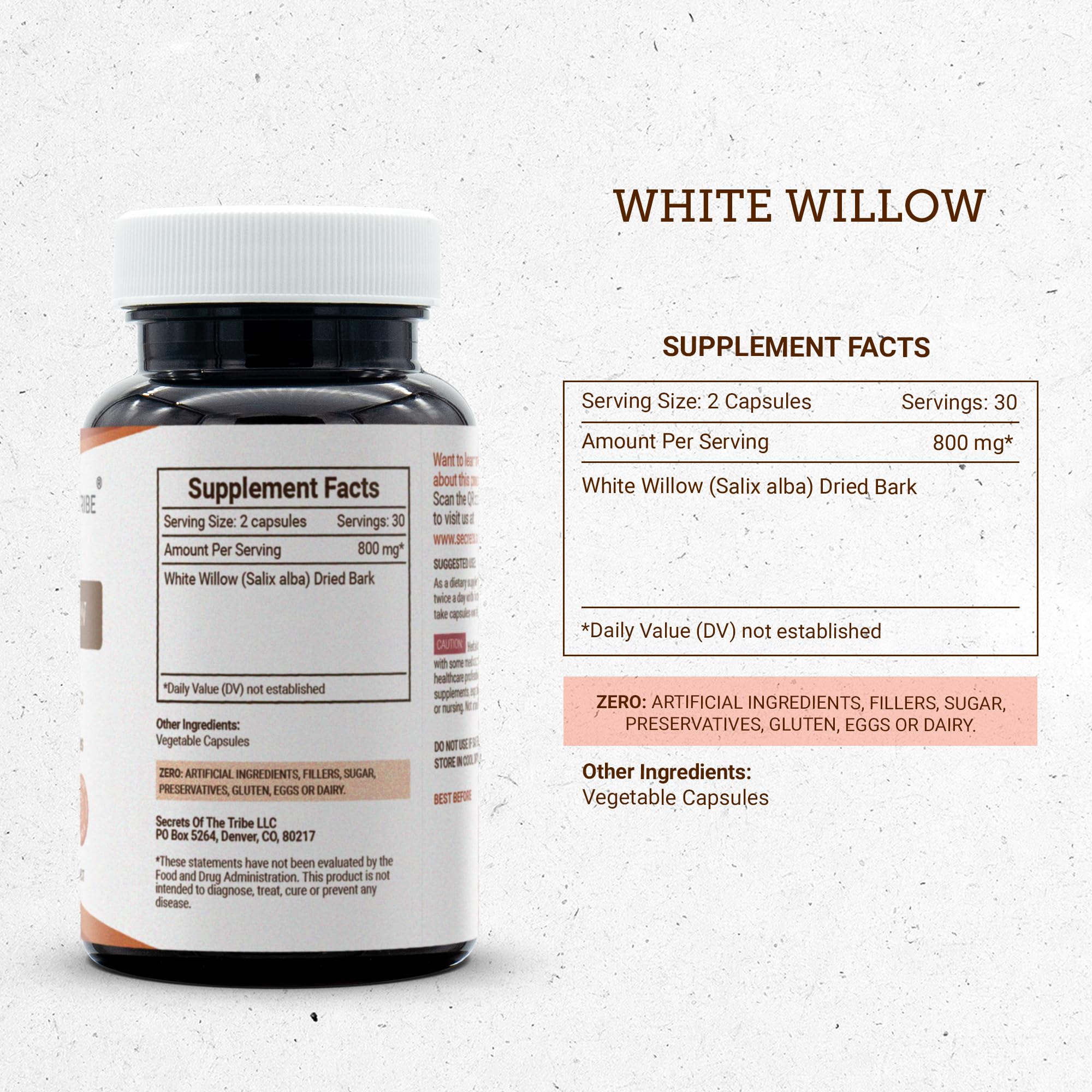 Close-up of Secrets of the Tribe White Willow Bark Capsules