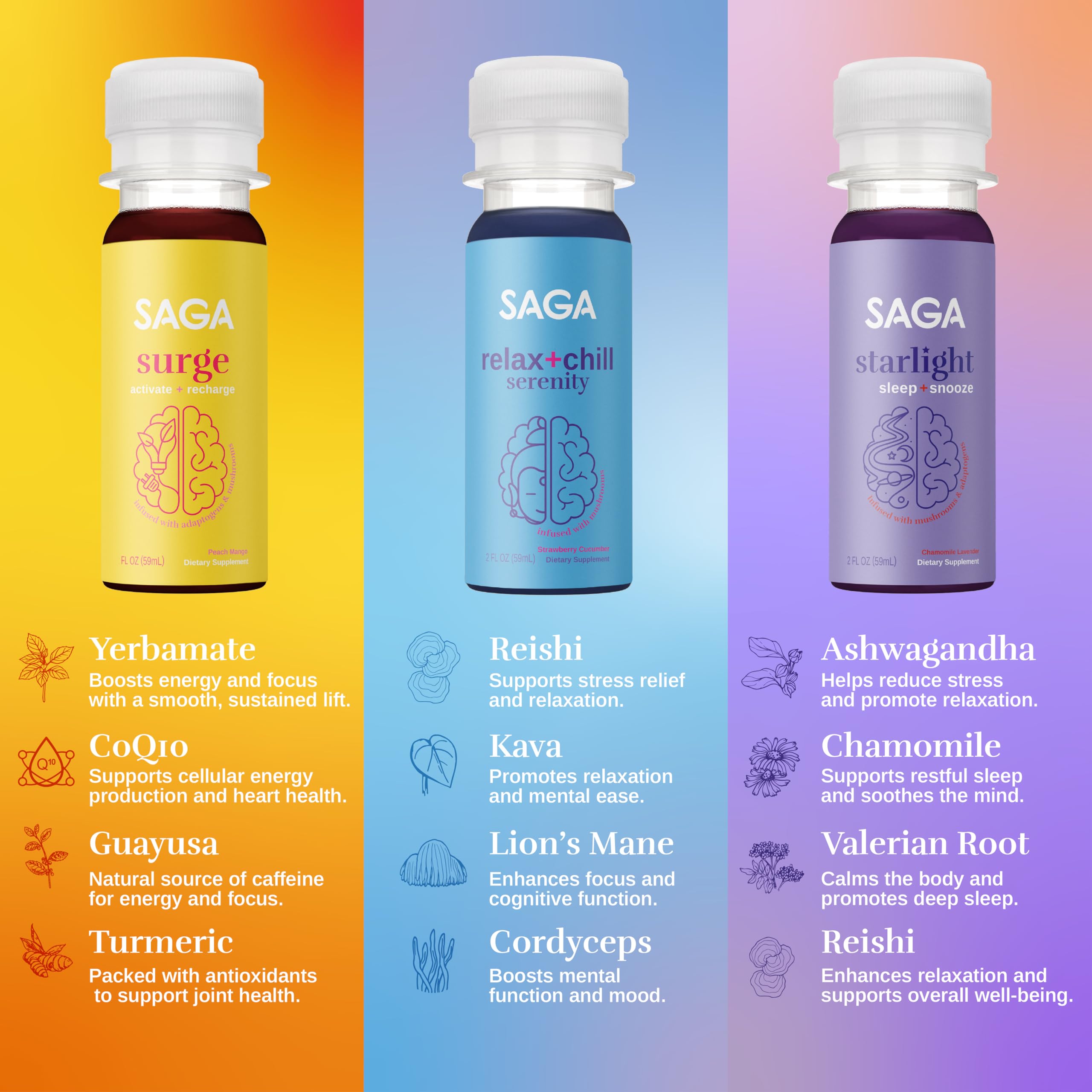 Close-up of Serenity daily wellness shot from SAGA Functional Shot Variety Pack