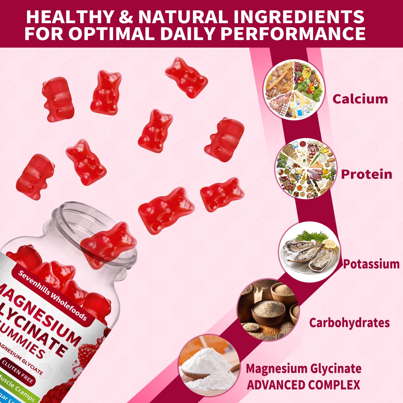Close-up of Sevenhills Magnesium Gummies with raspberry flavour
