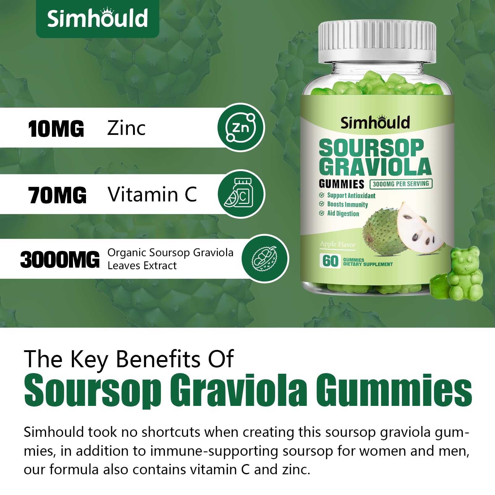 Close-up of Simhould Soursop Gummies with Vitamin C and Zinc