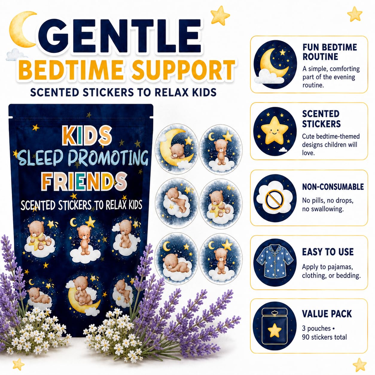 Close-up of Sleep Promoting Stickers showing smiley face design