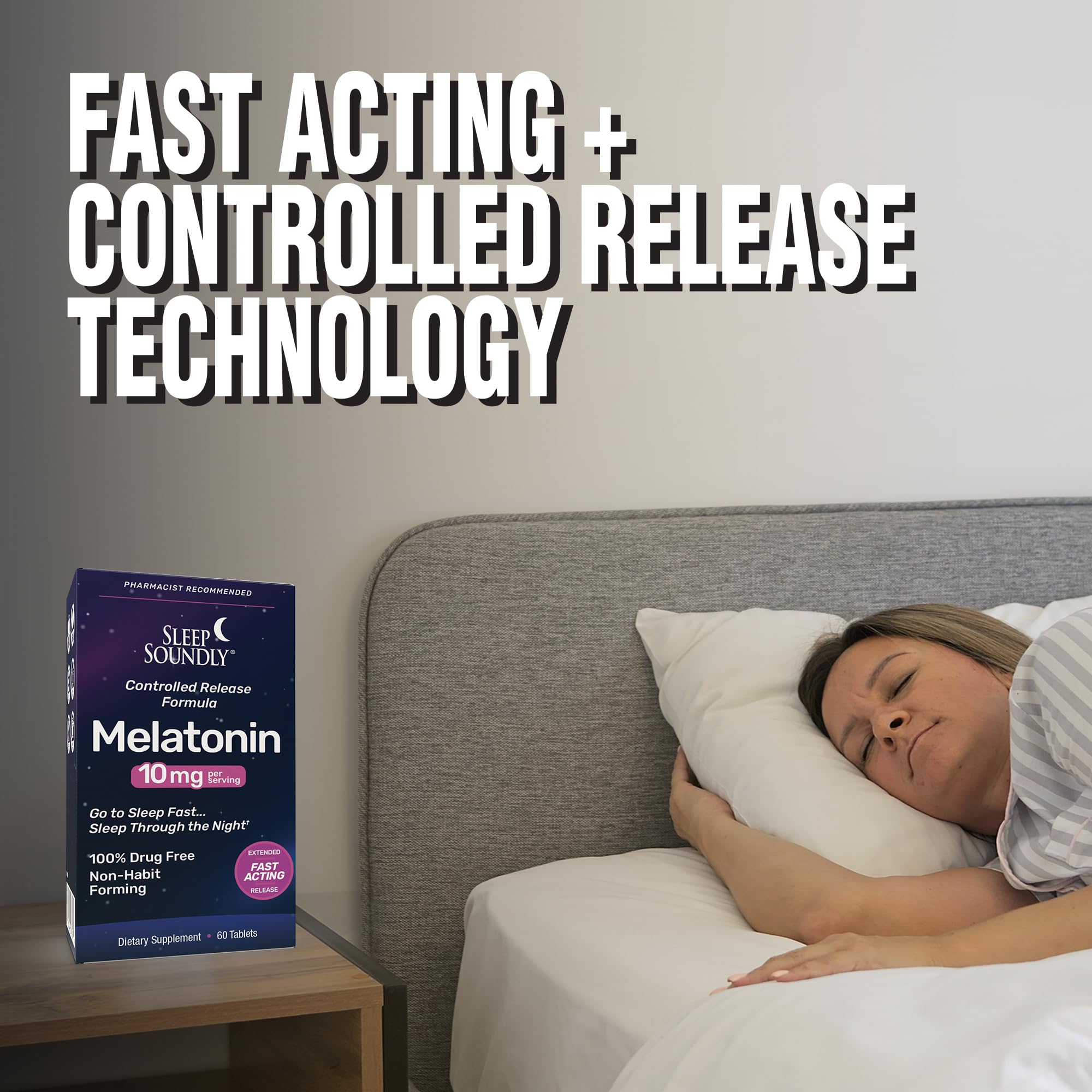 Close-up of Sleep Soundly Melatonin 10 mg tablets showing tablet size