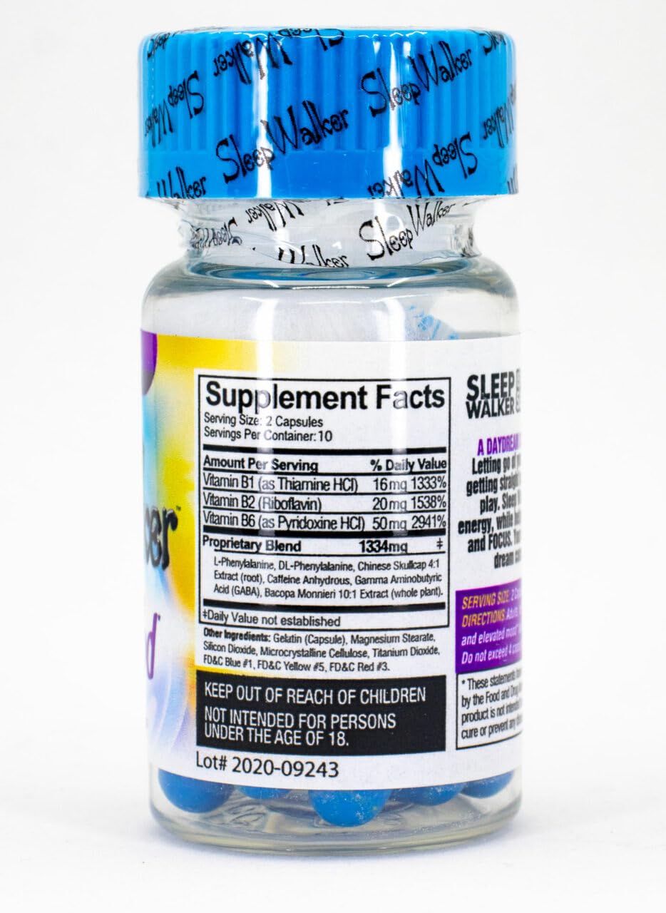 Close-up of Sleep Walker capsules showing the blue packaging