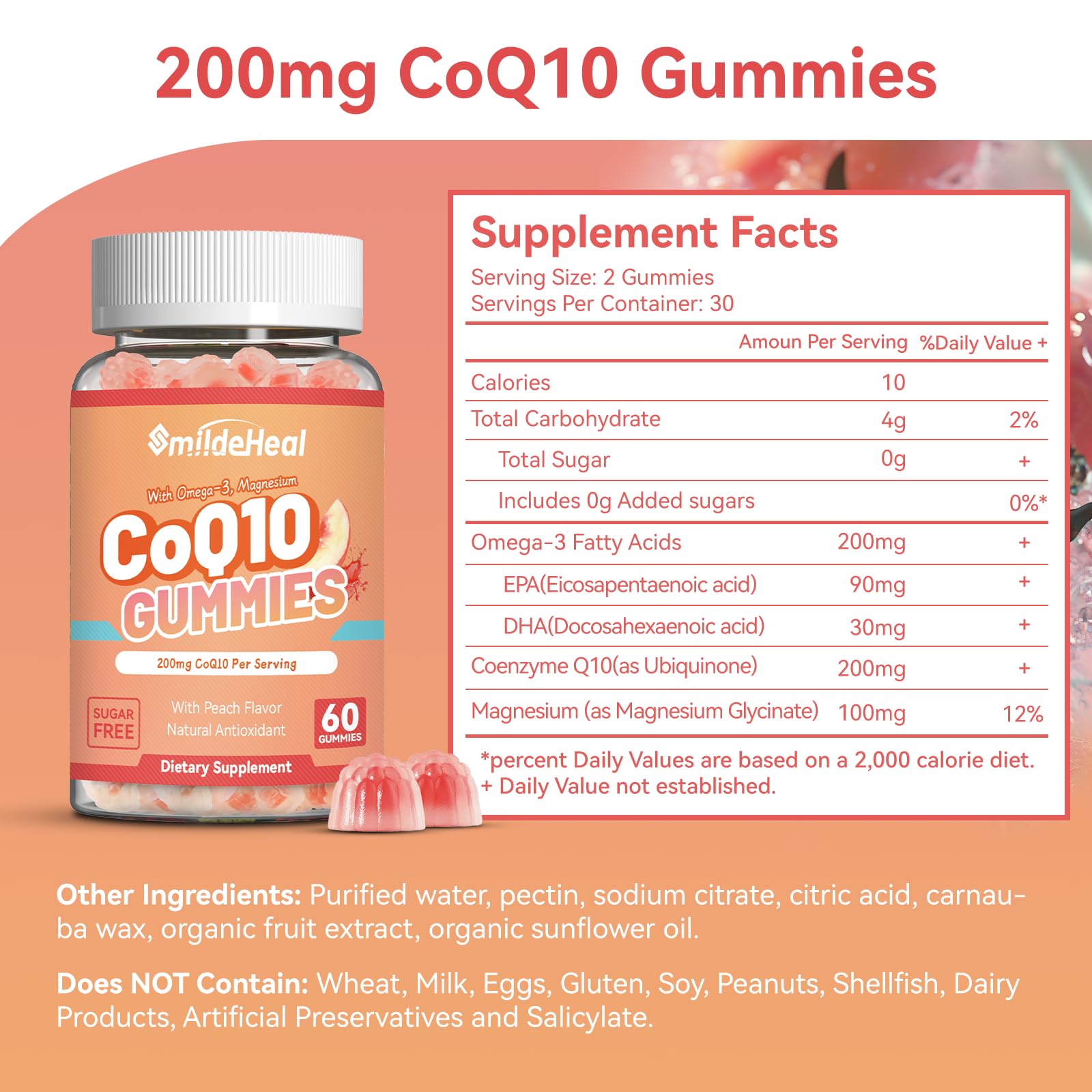 Close-up of SmildeHeal CoQ10 Gummies with molten peach flavour