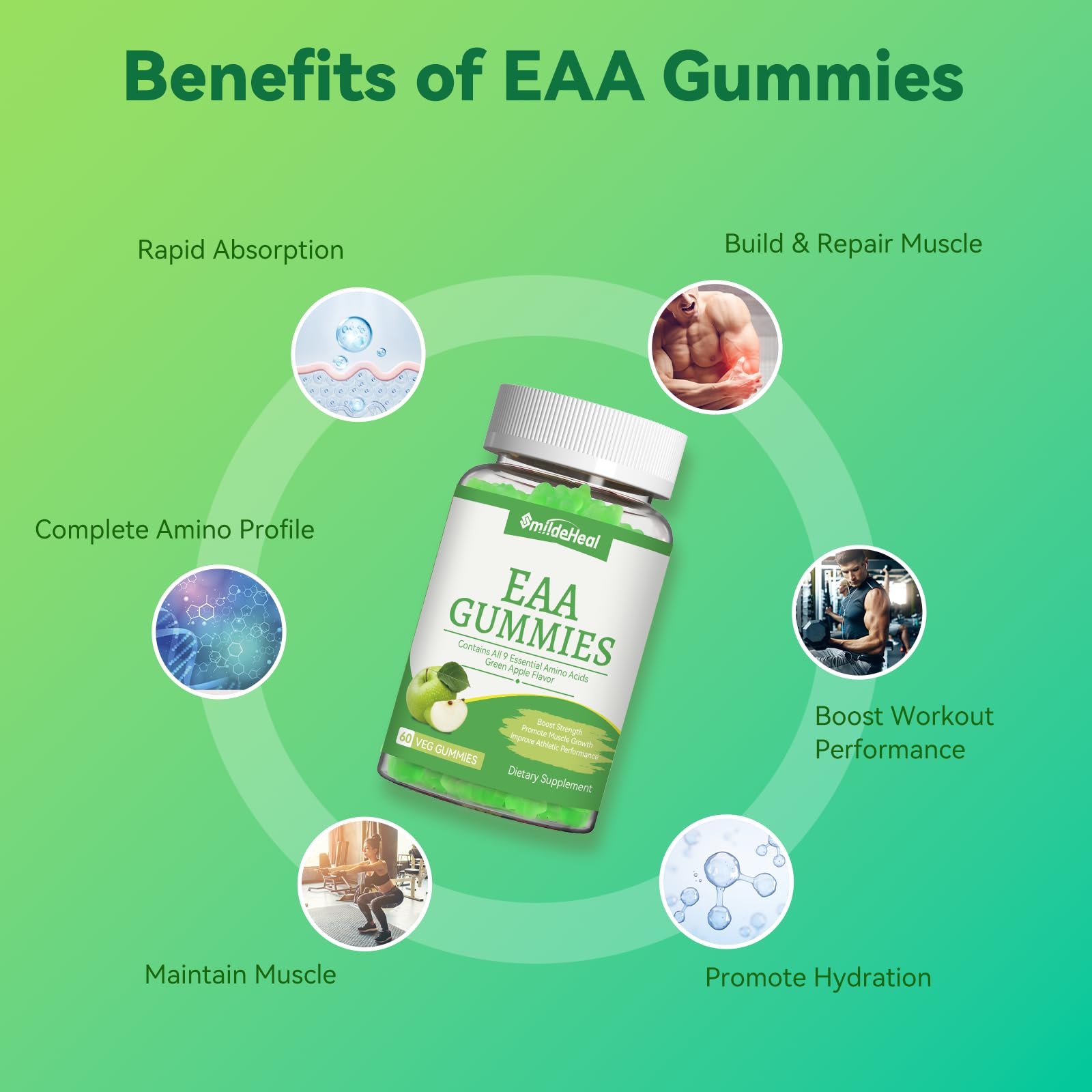 Close-up of SmildeHeal EAA Gummies showing green apple flavour