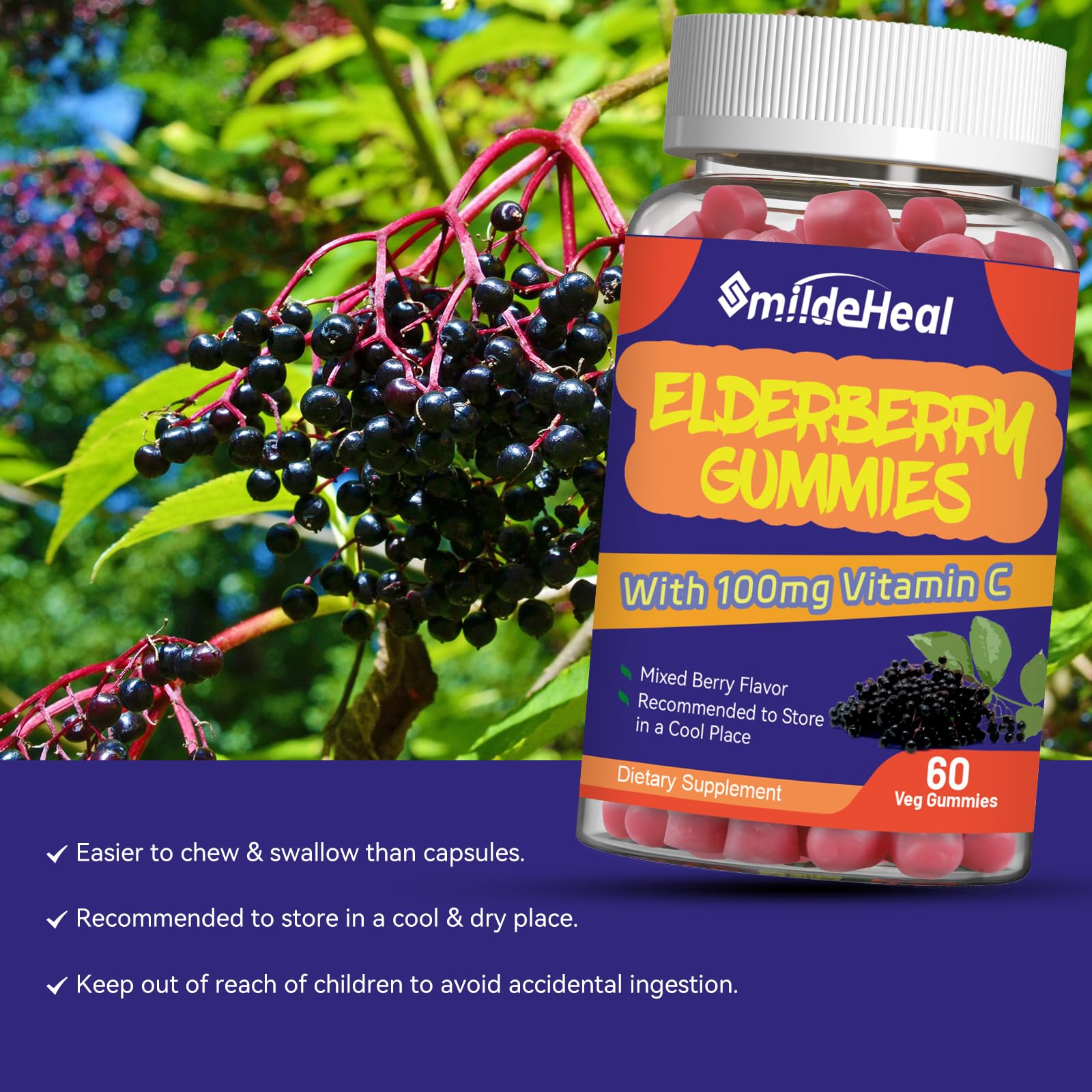 Close-up of SmildeHeal Elderberry Gummies showing texture