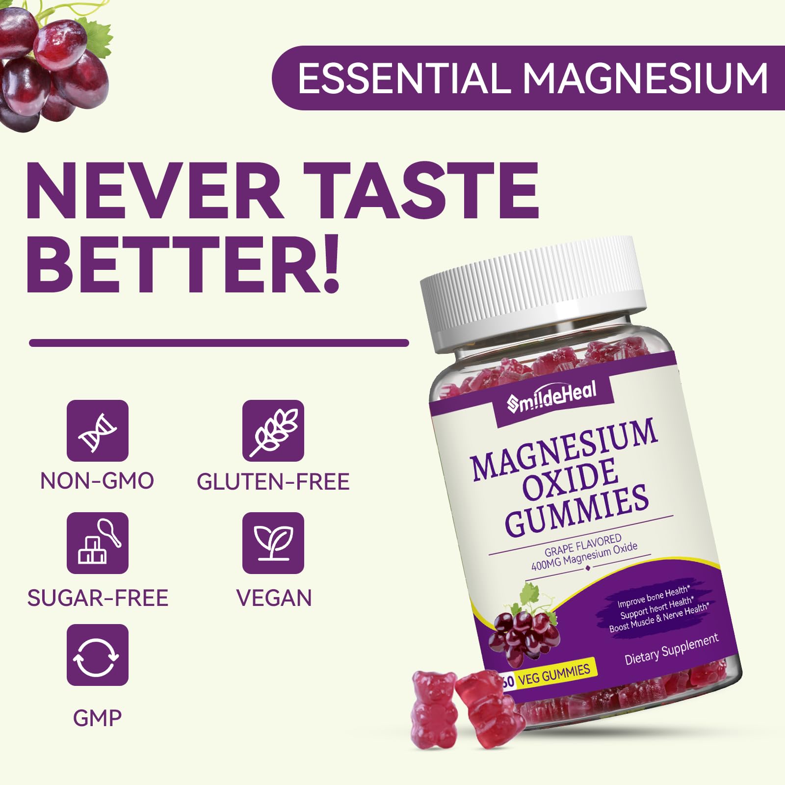 Close-up of SmildeHeal Magnesium Gummies showing texture