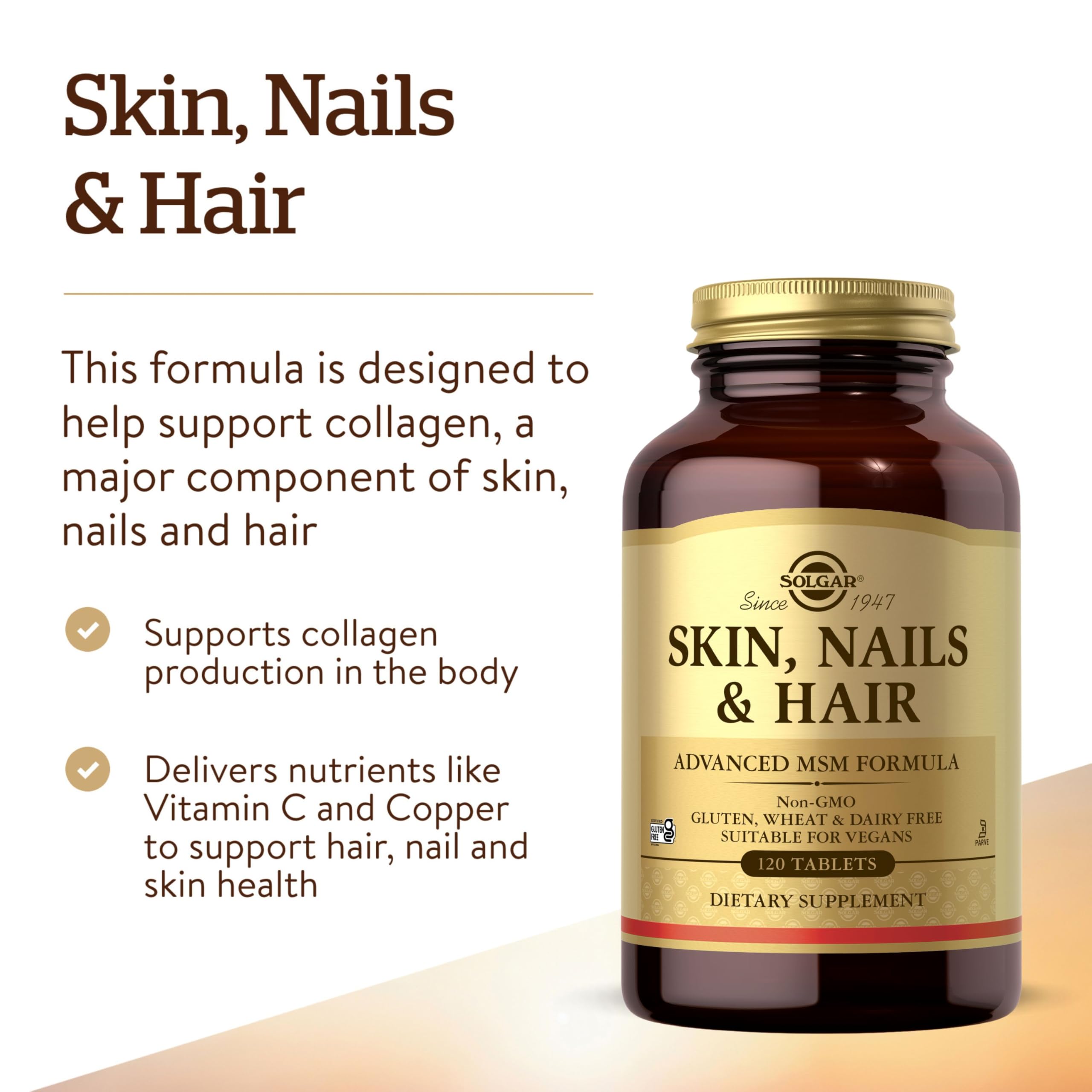 Close-up of Solgar Skin, Nails & Hair tablets