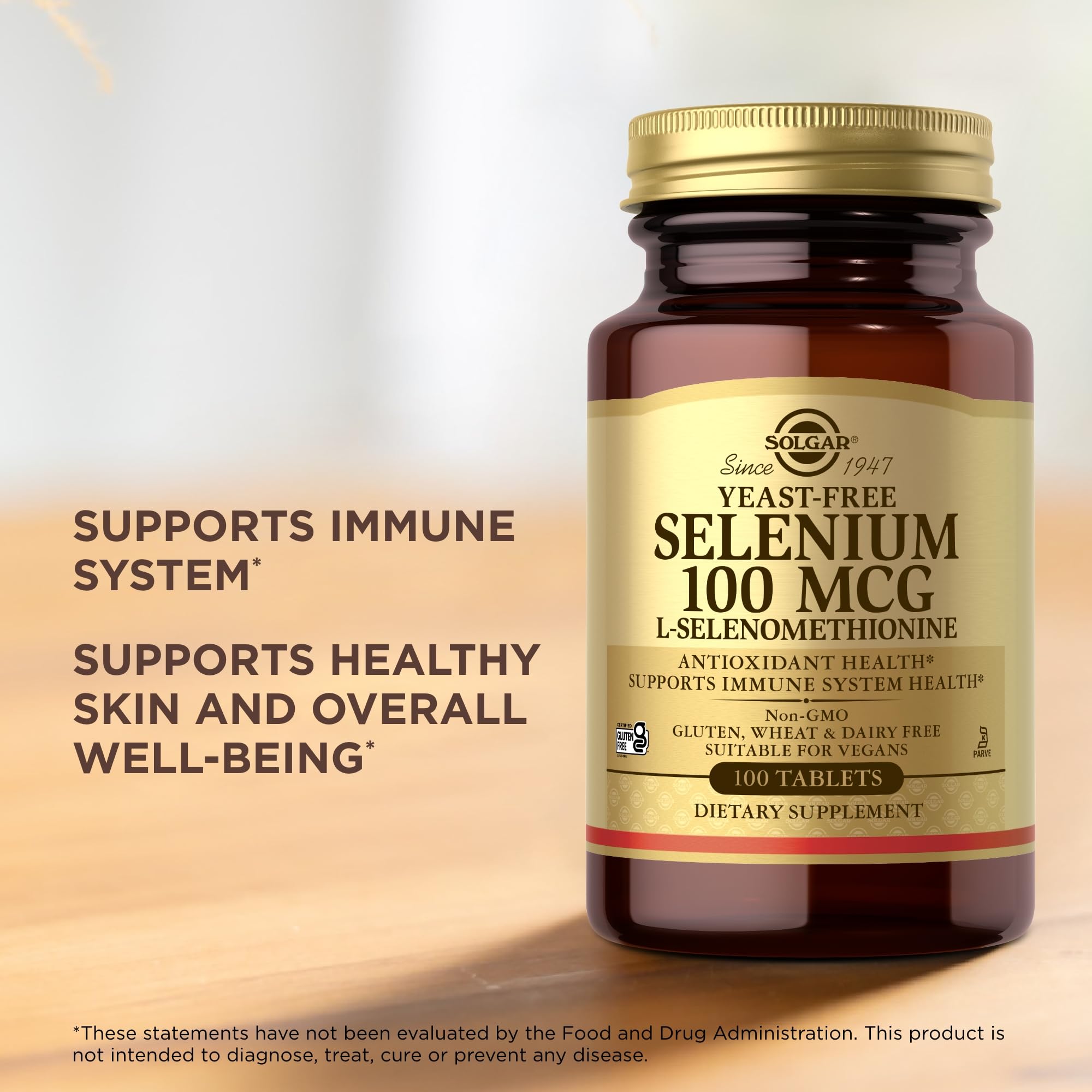 Close-up of Solgar Yeast-Free Selenium tablets