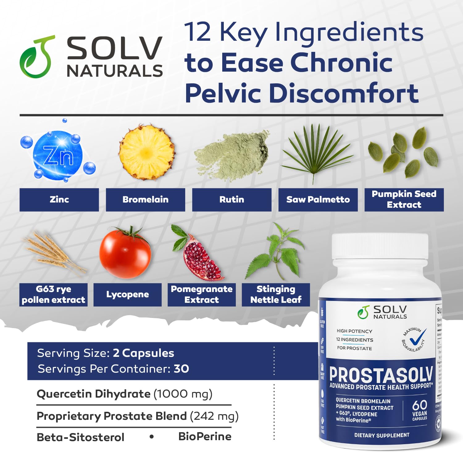 Close-up of SOLV NATURALS Prostate Support Supplement capsules