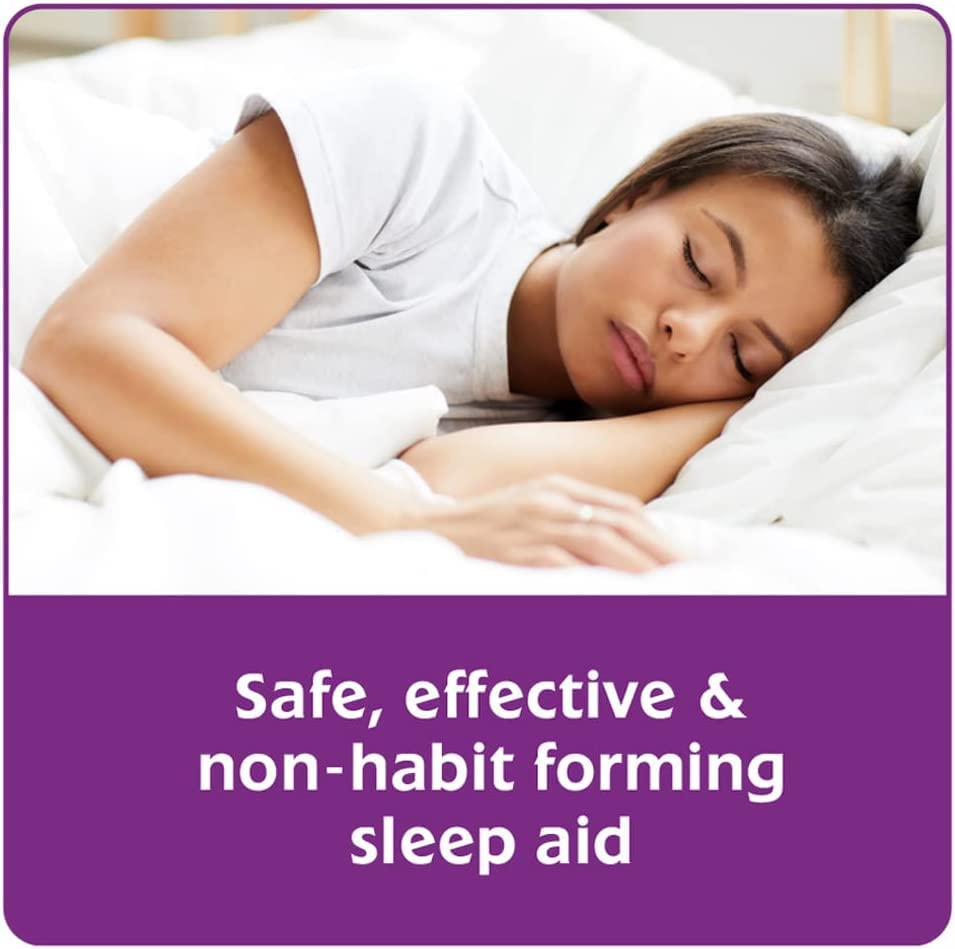 Close-up of Sominex Night-Time Sleep Aid Tablets showing tablet details