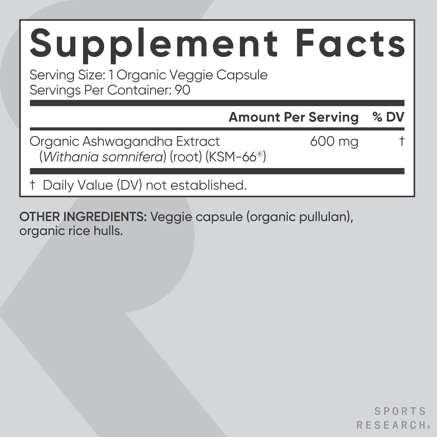 Close-up of Sports Research Ashwagandha 600mg Organic Veggie Capsules