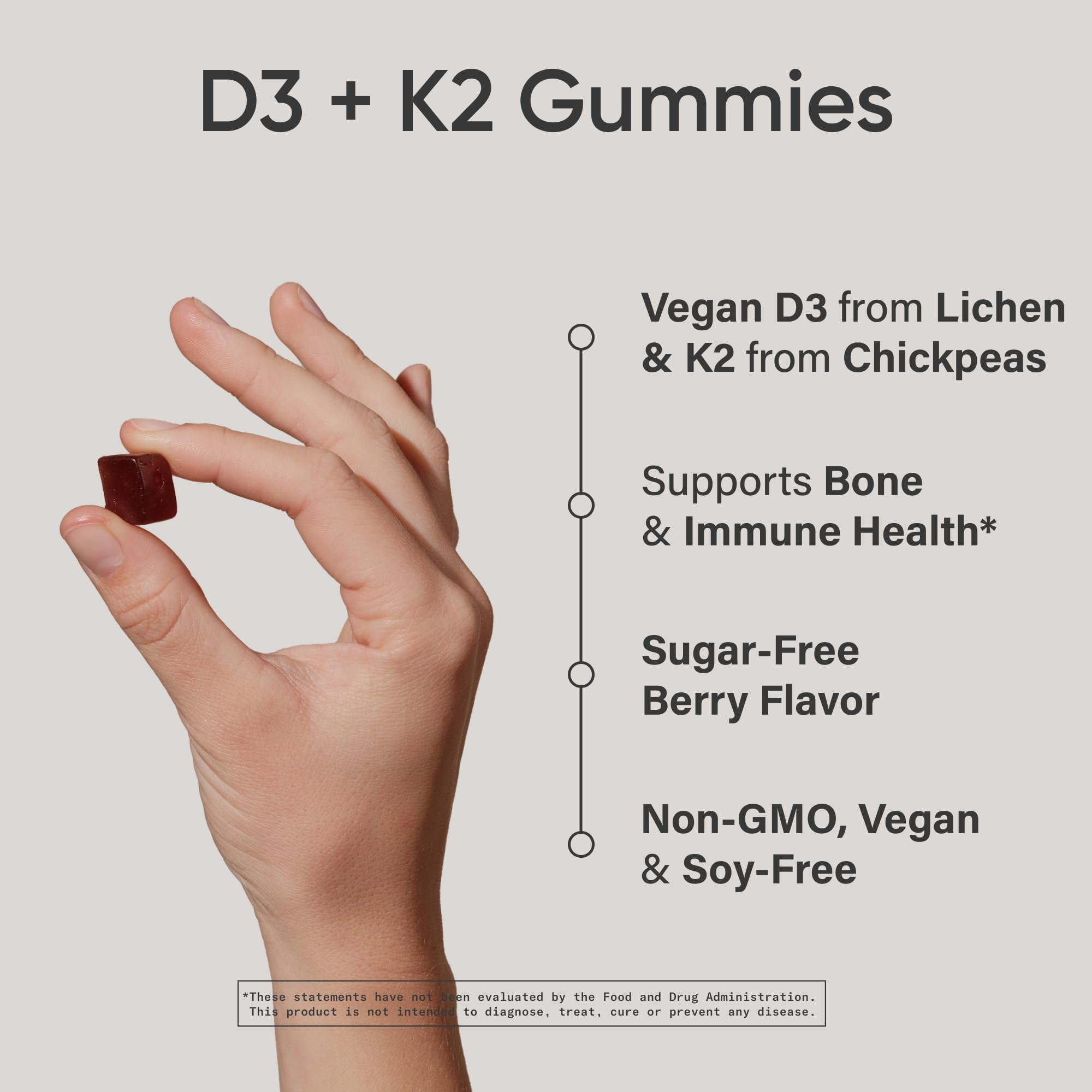 Close-up of Sports Research D3 & K2 Gummies showing ingredients
