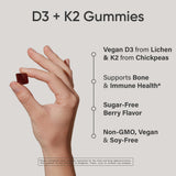Close-up of Sports Research D3 & K2 Gummies showing ingredients