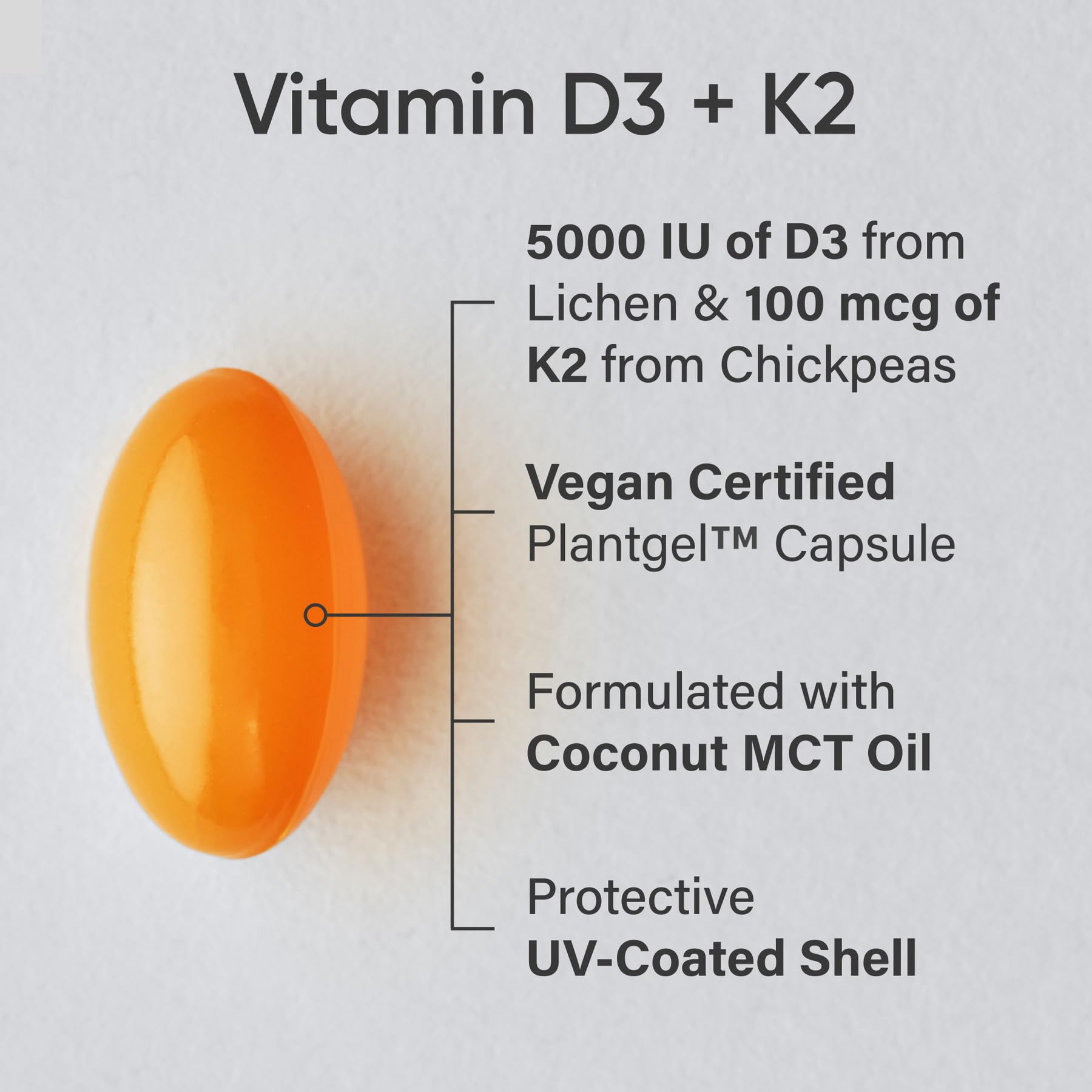 Close-up of Sports Research D3 + K2 Softgel showing size