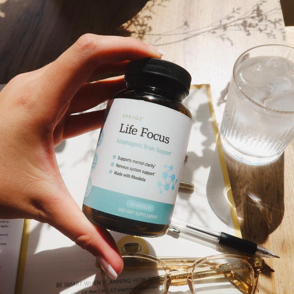 Close-up of SPRIGS Life Focus Adaptogenic Brain Support capsules