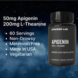 Close-up of STACKED LAB Sleep Supplement Capsules showing Apigenin and L-Theanine