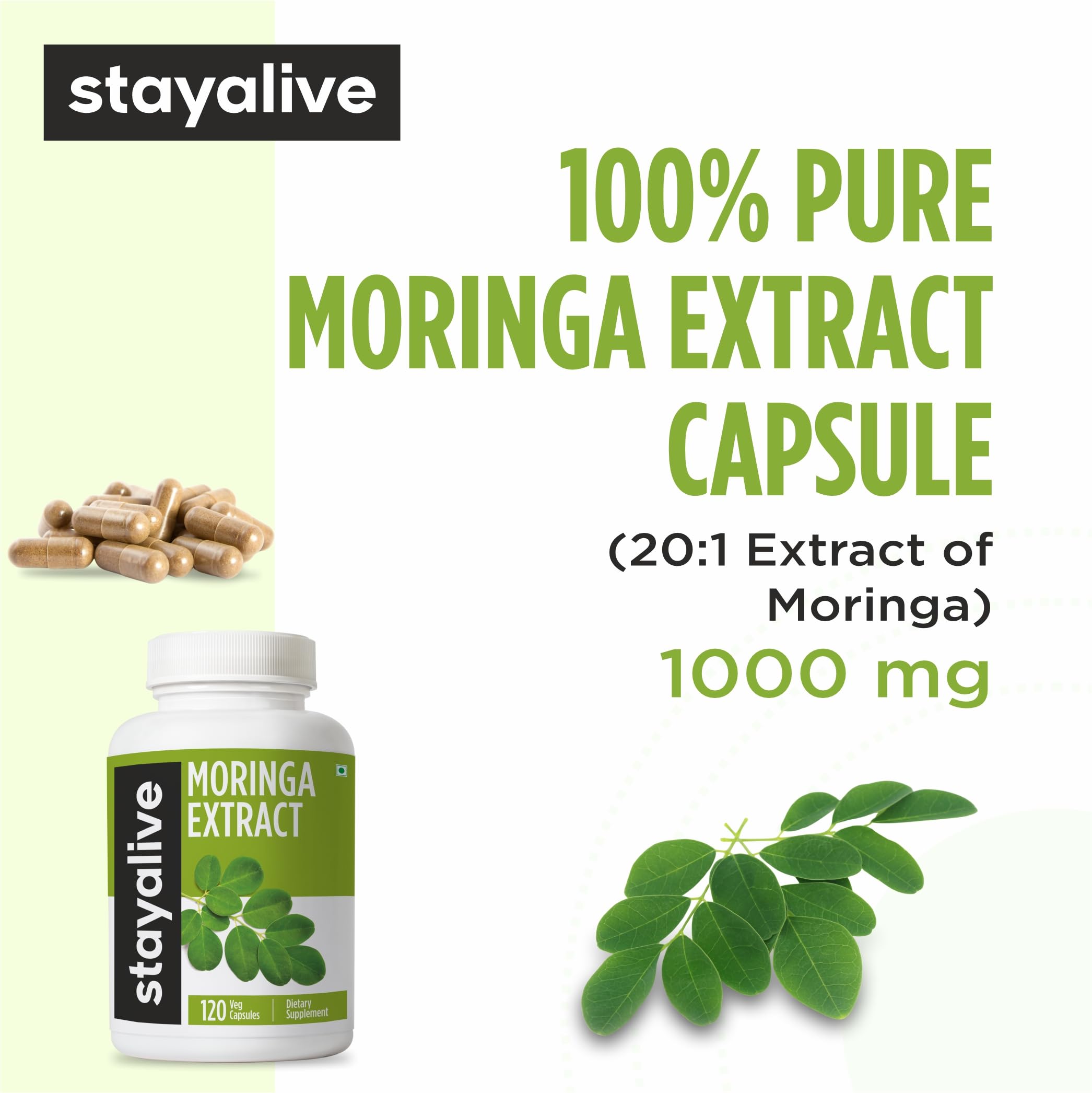 Close-up of STAY ALIVE Moringa Oleifera Capsules