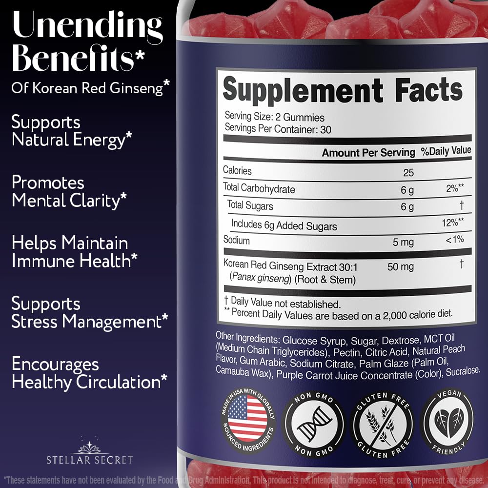 Close-up of Stellar Secret Korean Red Ginseng Gummies showing peach flavour