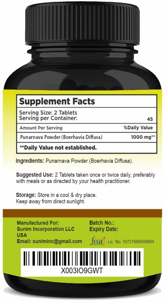 Close-up of SunNature Punarnava Tablets showing natural ingredients