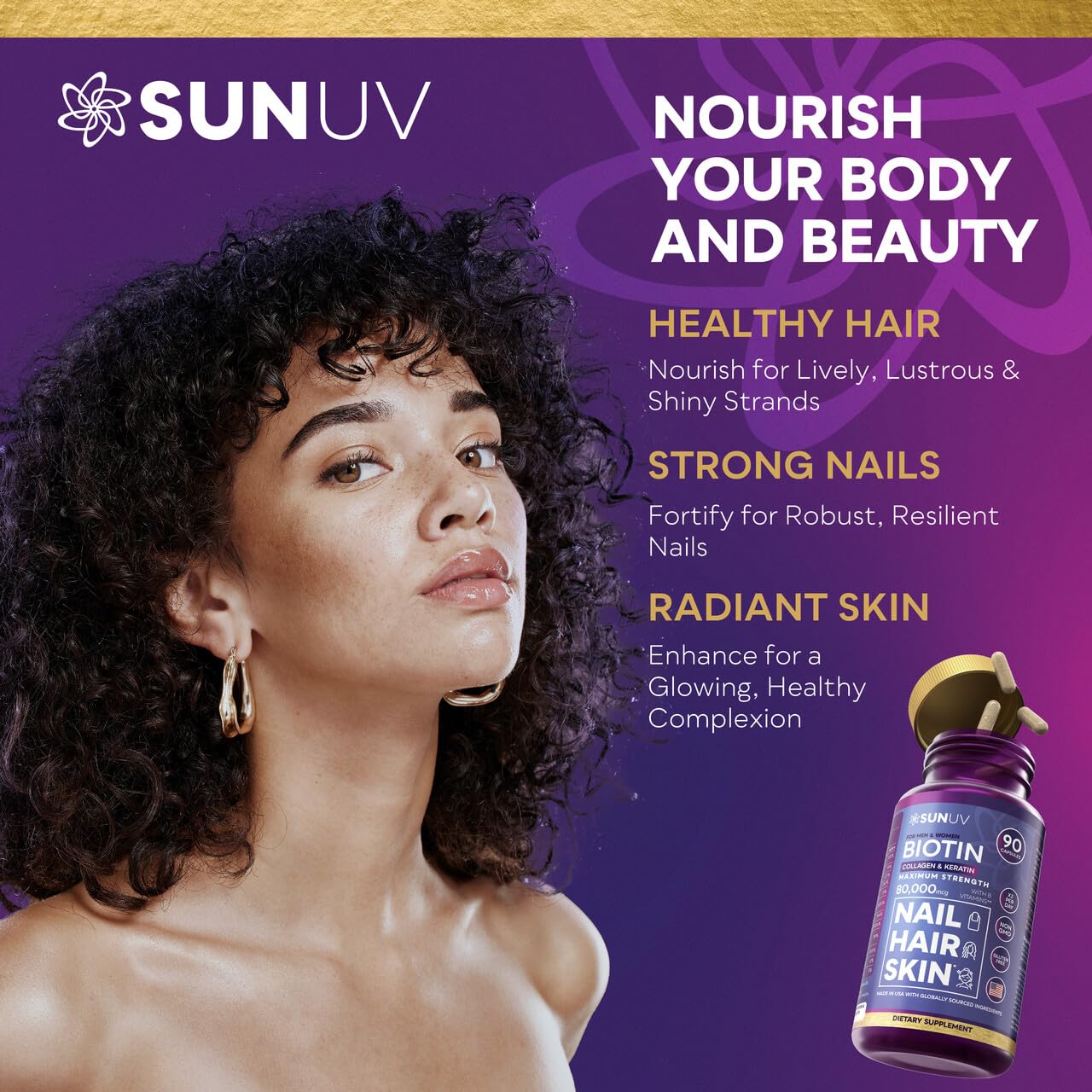 Close-up of SUNUV Biotin capsules