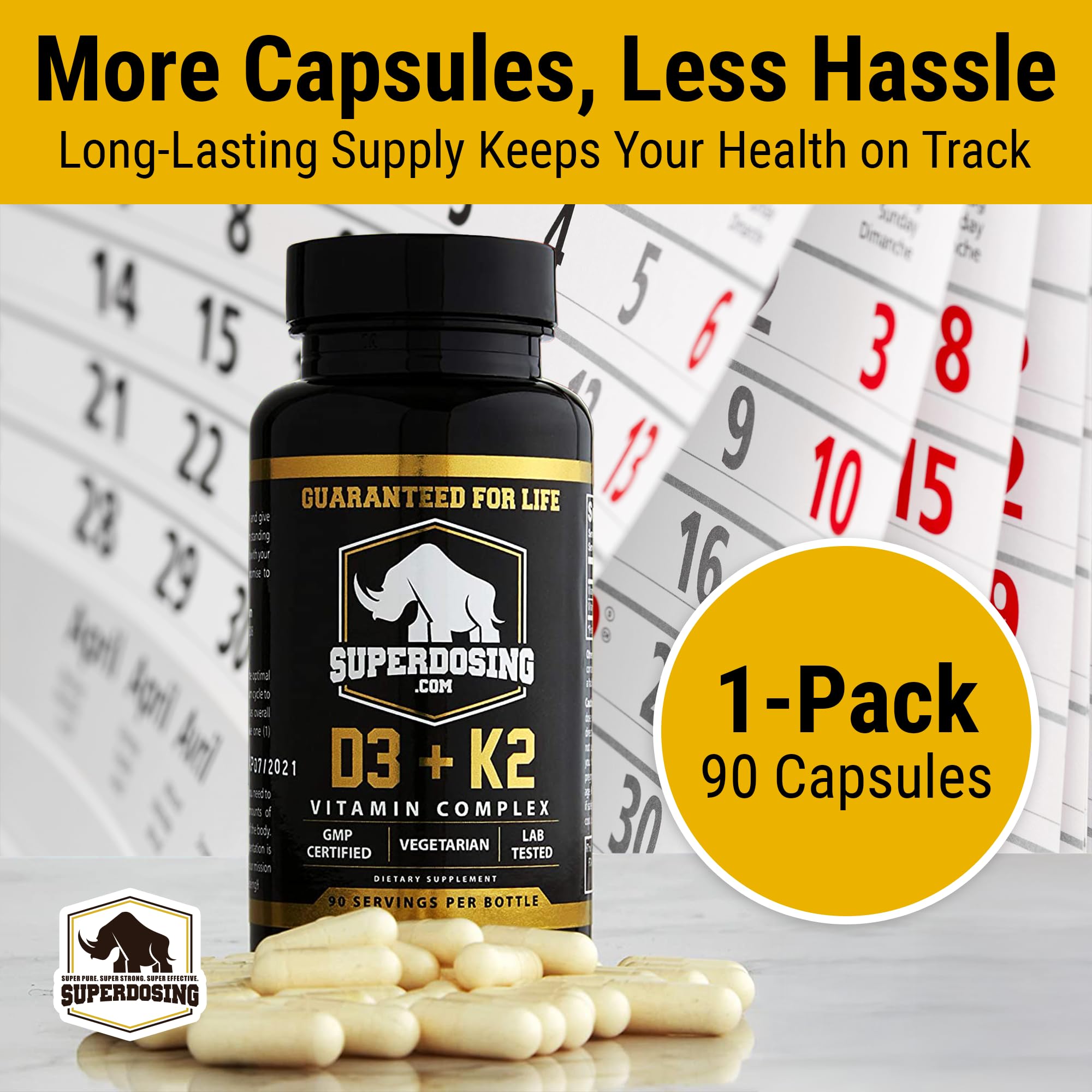 Close-up of SuperDosing.com Vitamin D3 & K2 vegetarian capsules