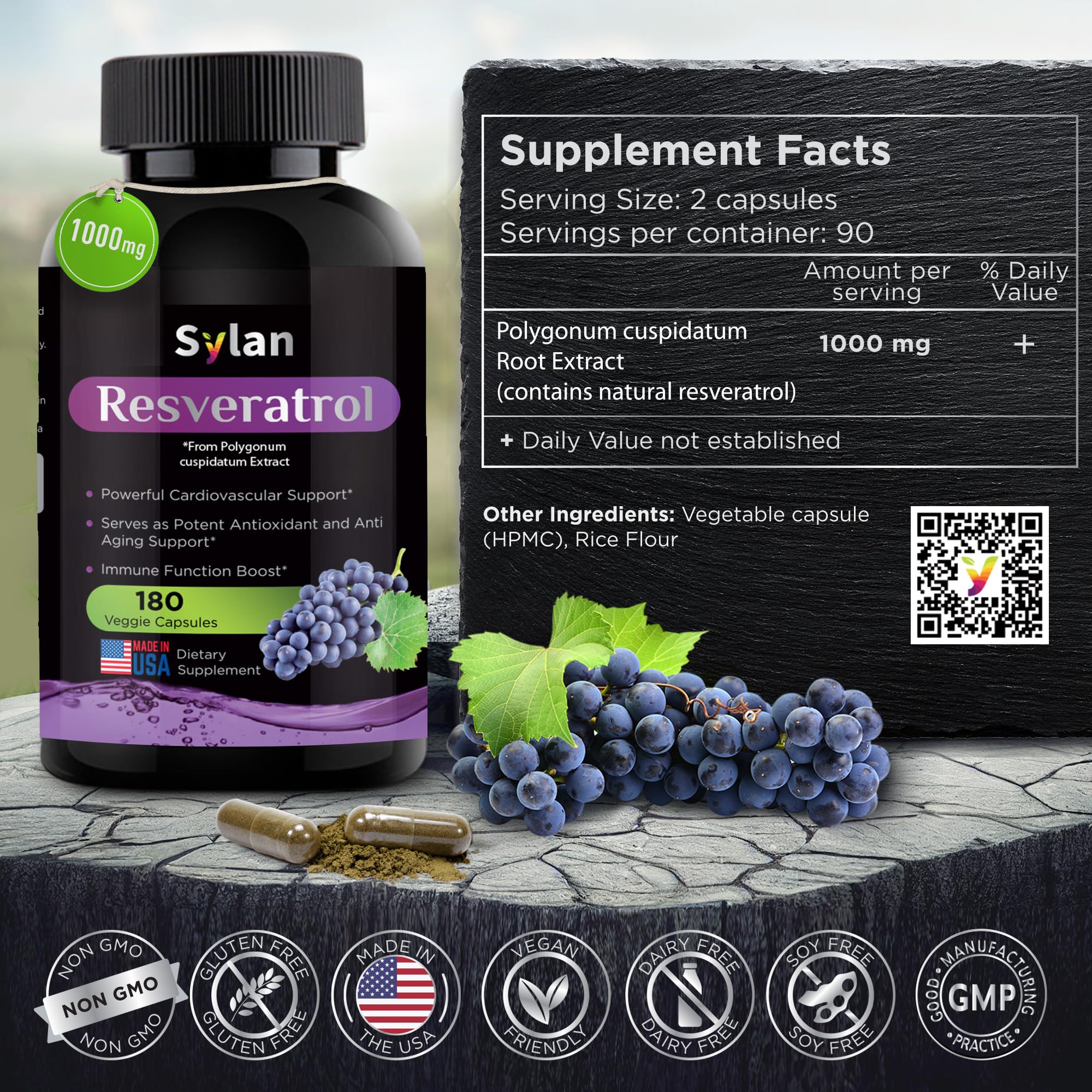 Close-up of SYLAN Resveratrol 1000mg Capsules