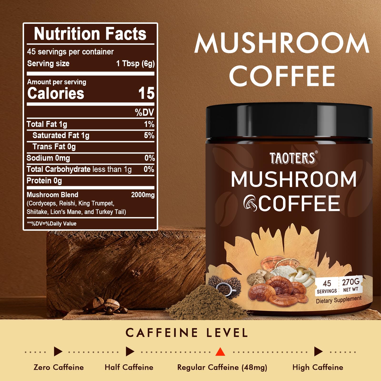 Close-up of TAOTERS Mushroom Coffee Blend powder