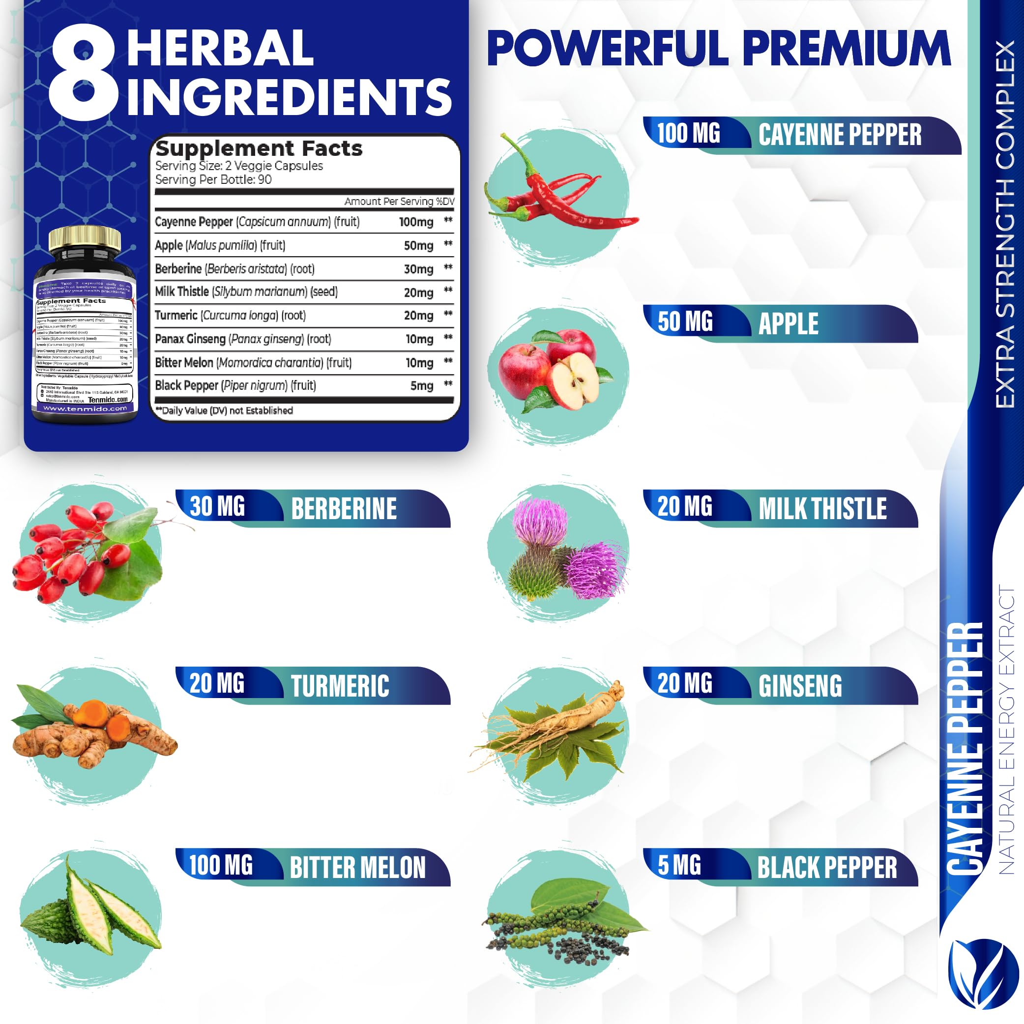 Close-up of Tenmido Cayenne Extract Capsules showing ingredients
