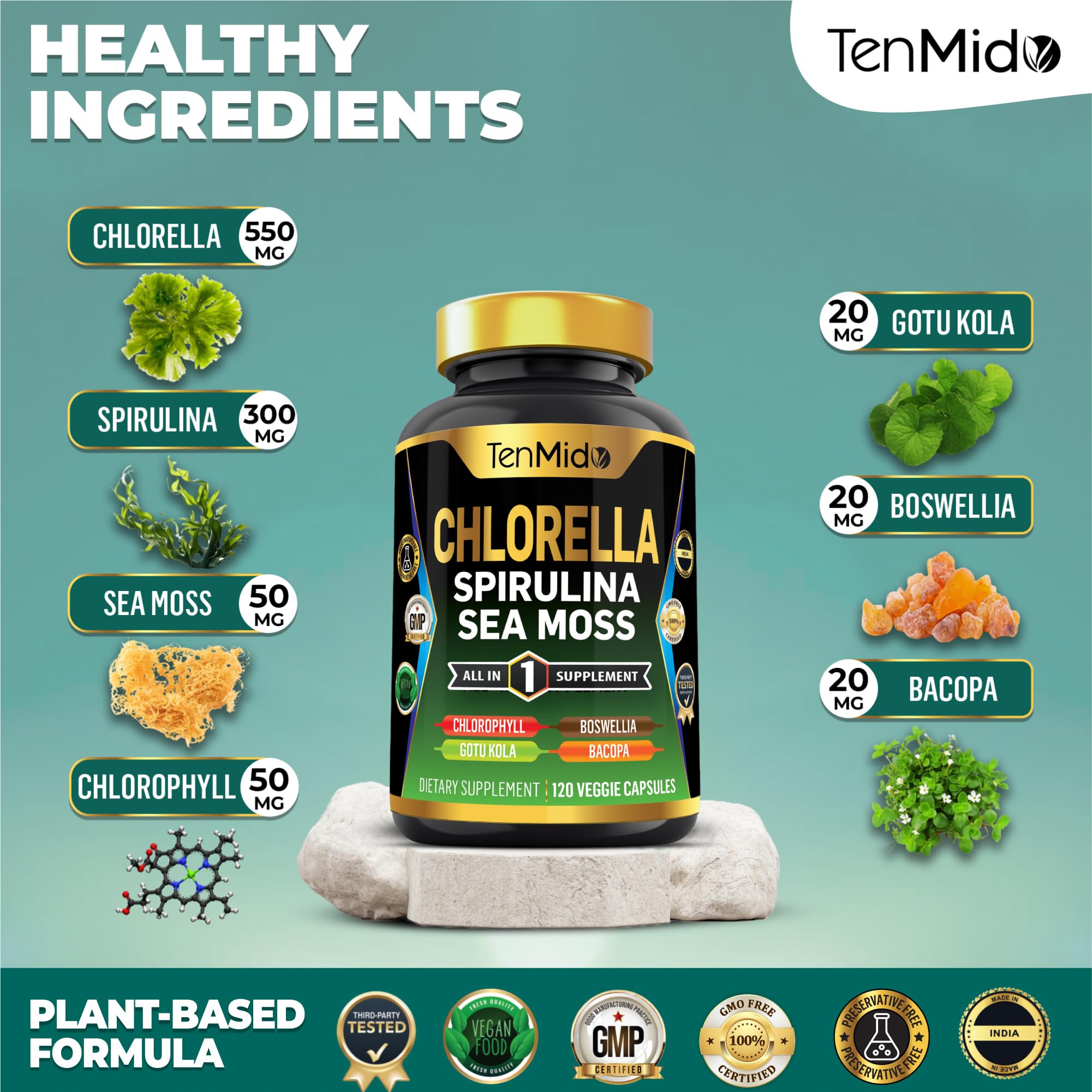 Close-up of Tenmido Chlorella capsules