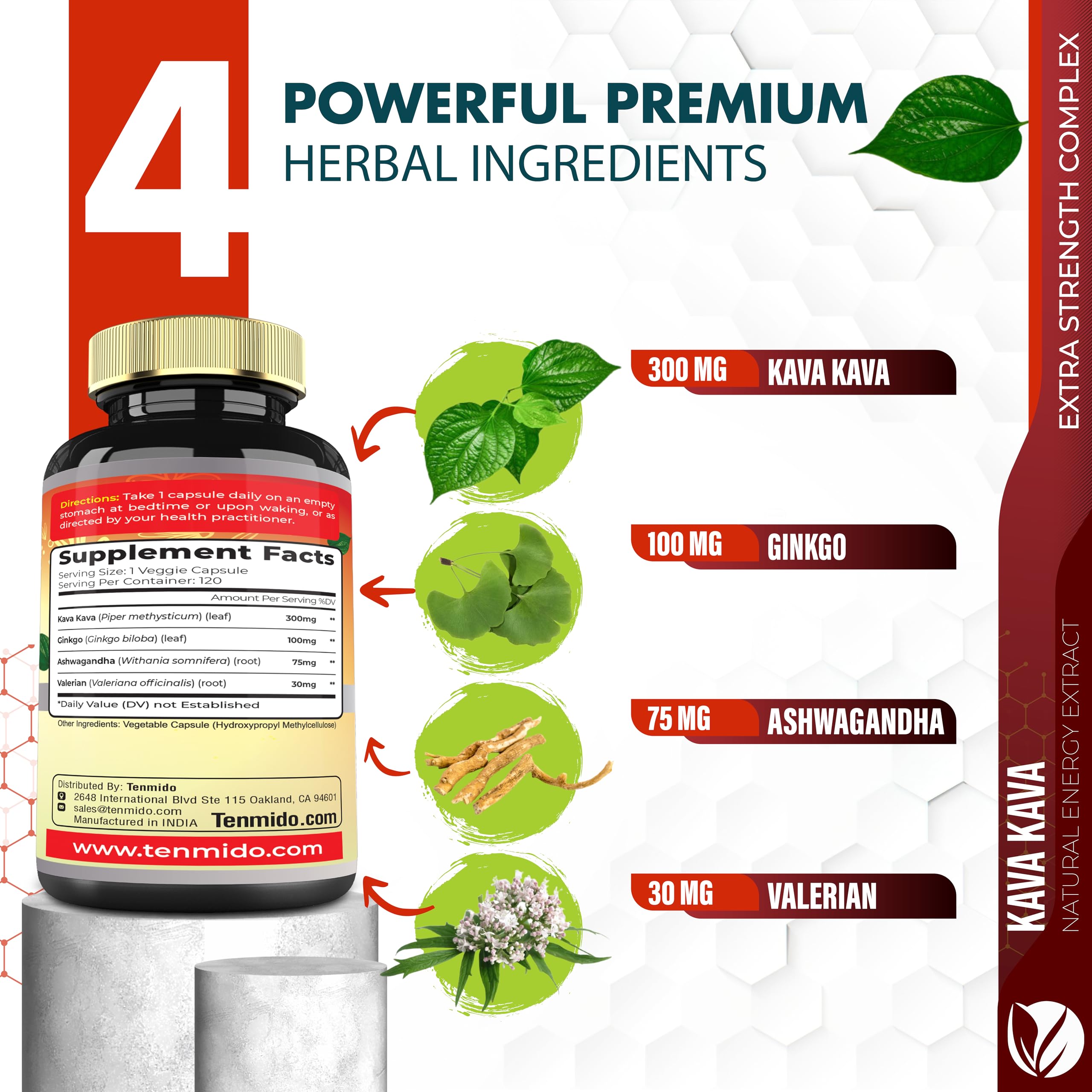 Close-up of Tenmido Kava Kava Extract Capsules showing individual capsules