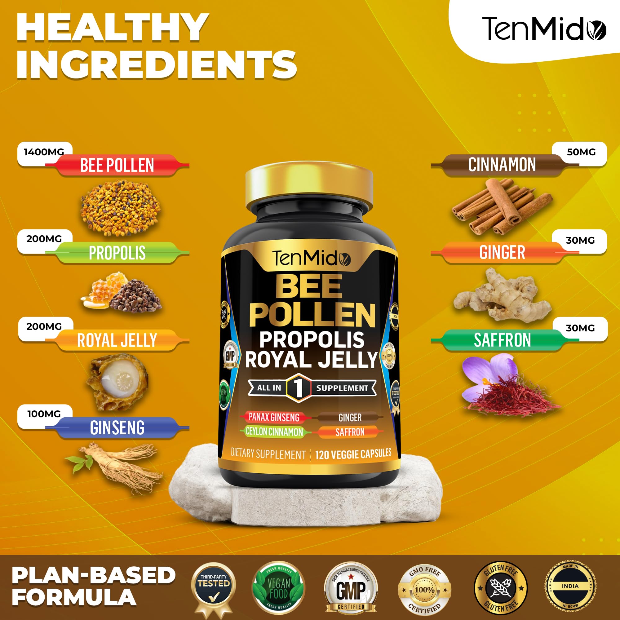 Close-up of Tenmido Royal Jelly Supplement capsules