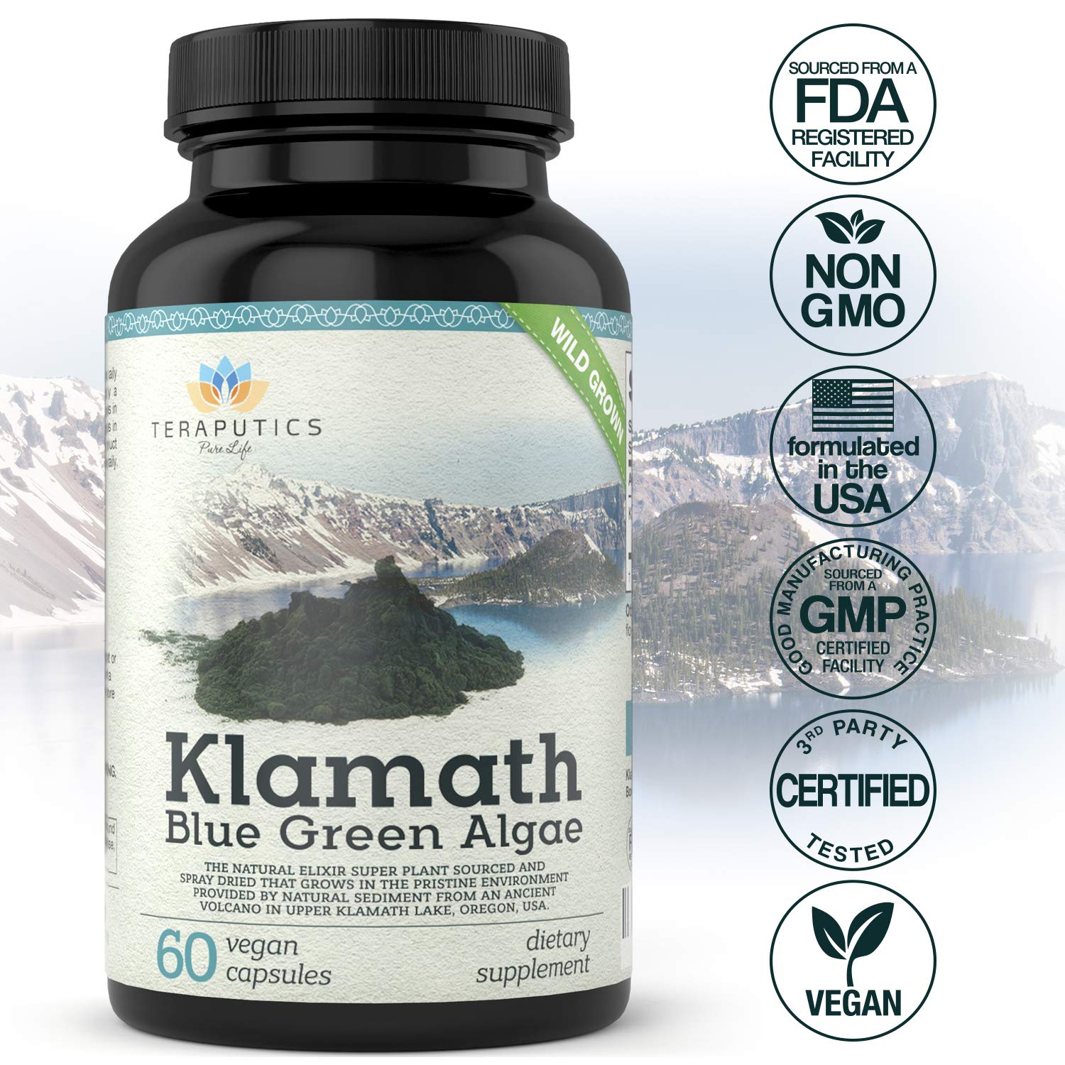 Close-up of Teraputics Klamath Blue Green Algae capsule
