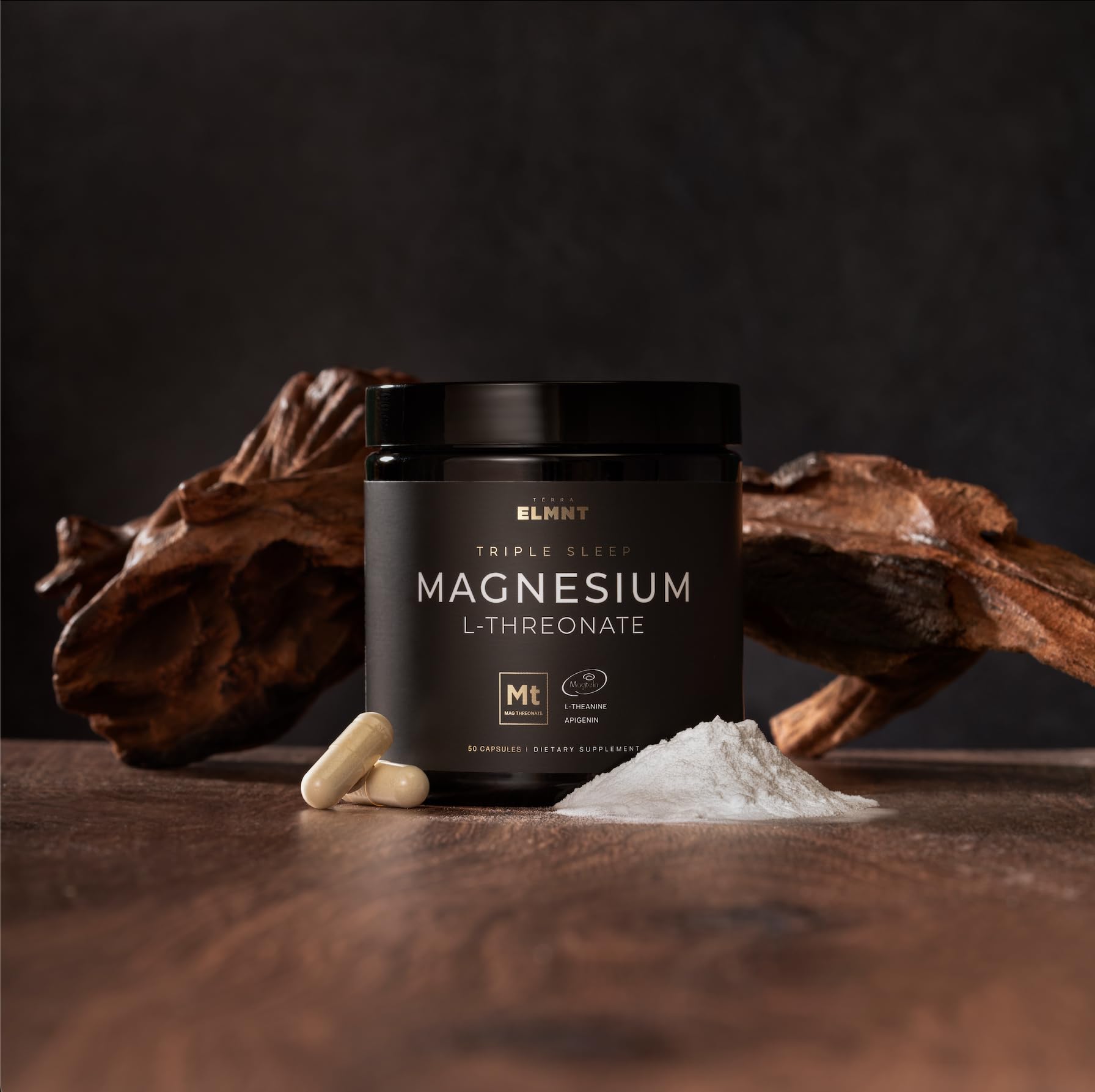 Close-up of TERRA ELMNT Triple Sleep Magnesium L-Threonate capsules