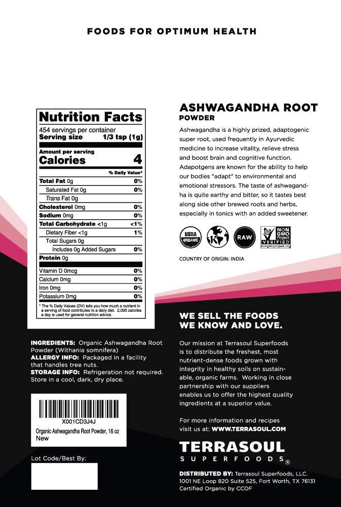 Close-up of Terrasoul Superfoods Ashwagandha Root Powder packaging