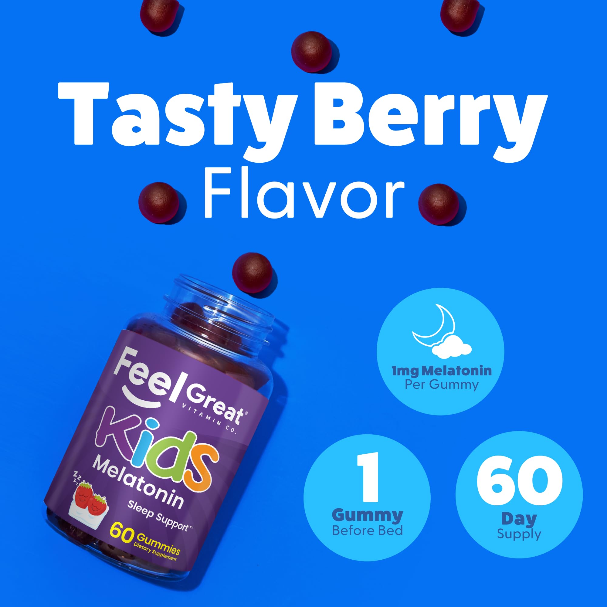 Close-up of The Feel Great Vitamin Company Kids Melatonin Gummies 1mg Strawberry gummies