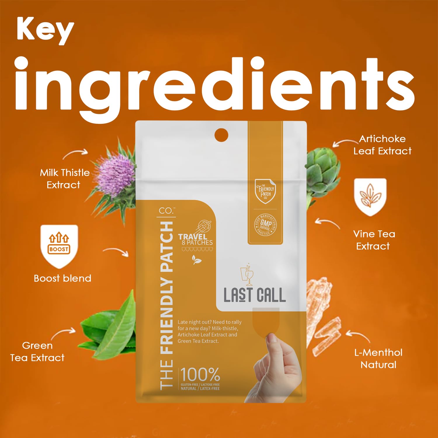 Close-up of The Friendly Patch CO. Last Call Party Patch ingredients