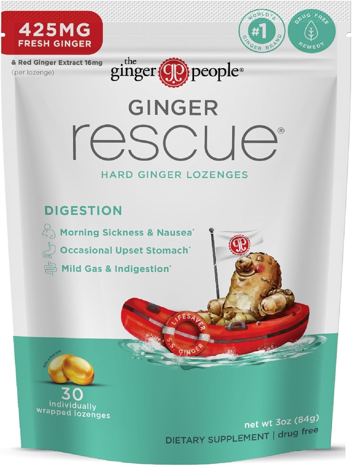 Close-up of The Ginger People Ginger Rescue Lozenges showing individual lozenge