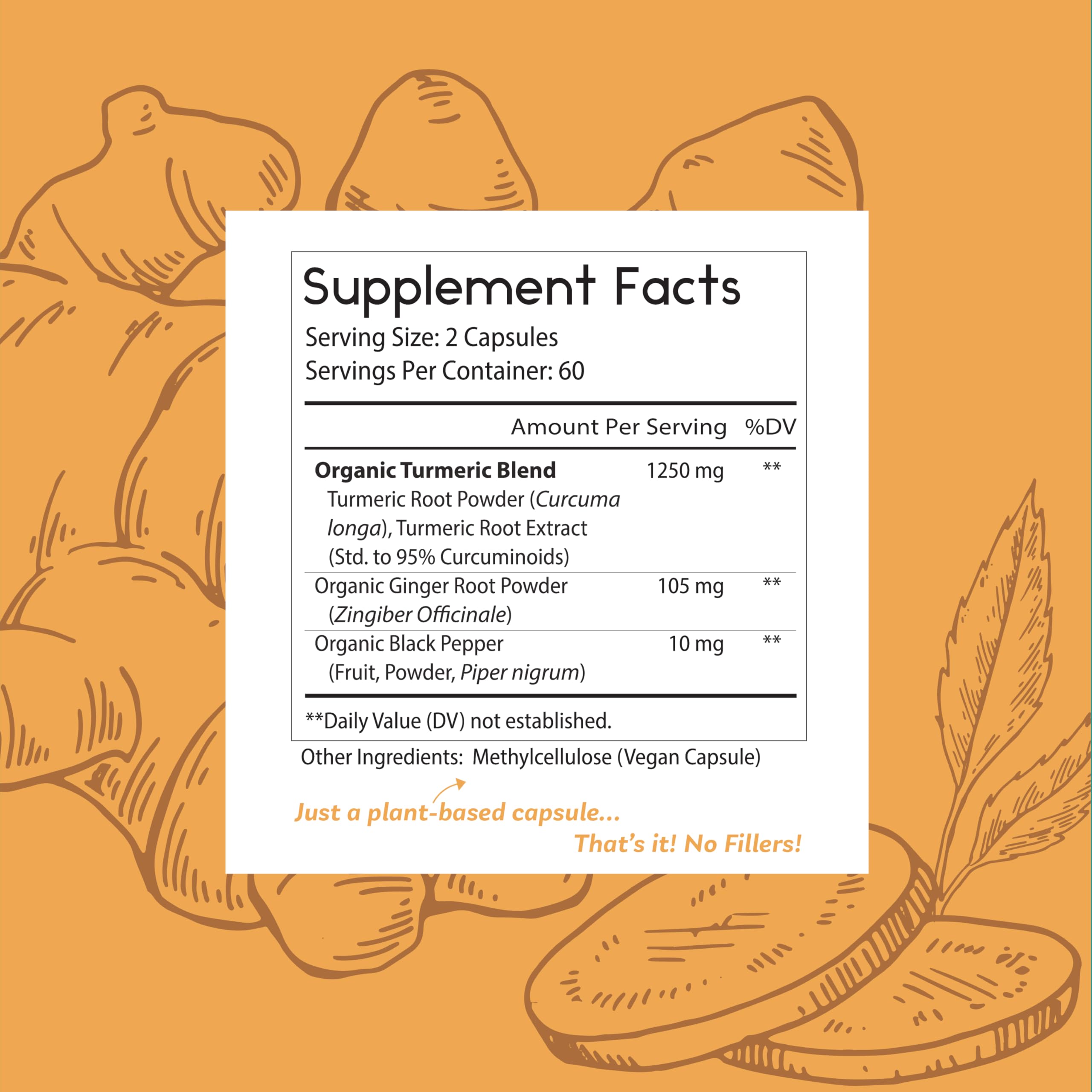Close-up of Thomas' all-natural Remedies Turmeric Ginger Supplement capsules