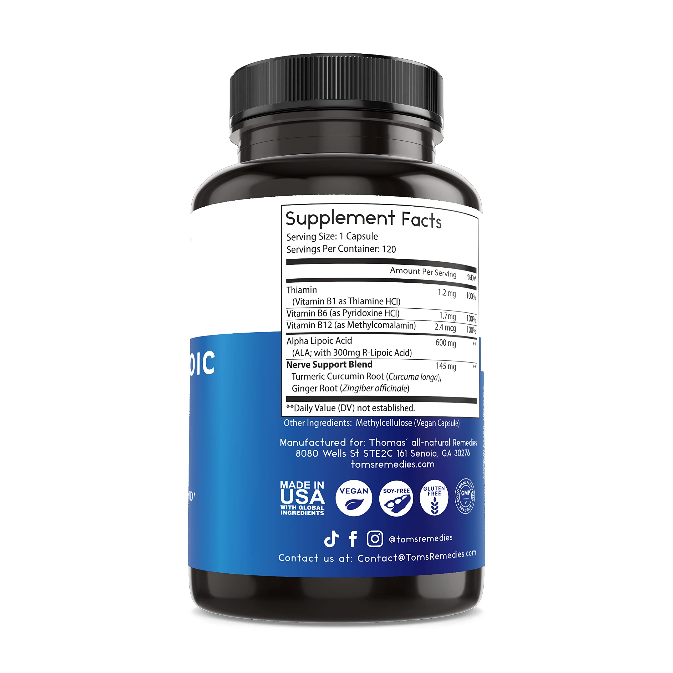 Close-up of Thomas' Alpha Lipoic Acid 600mg capsules showing size