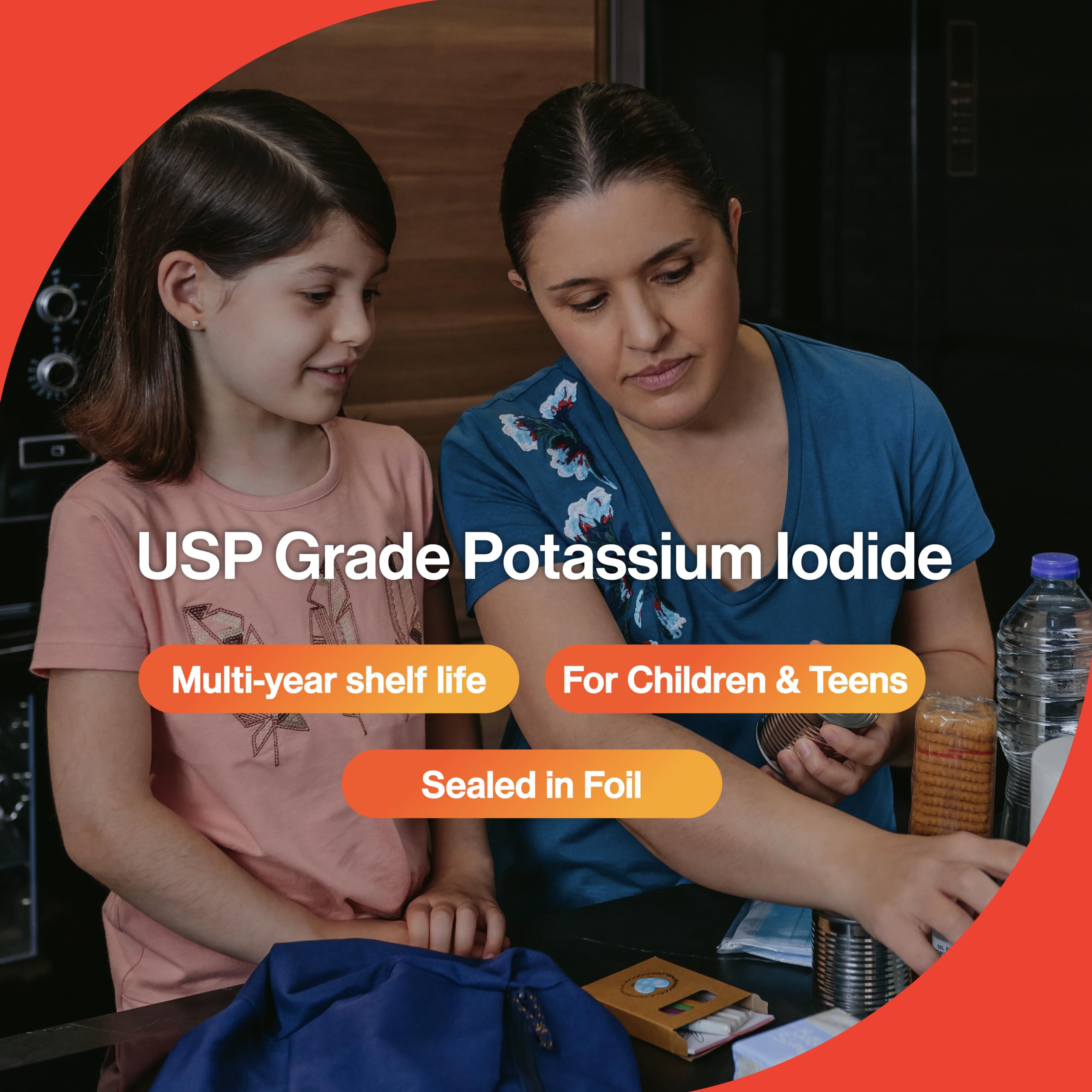Close-up of THYROSAFE Potassium Iodide Tablets showing ingredients