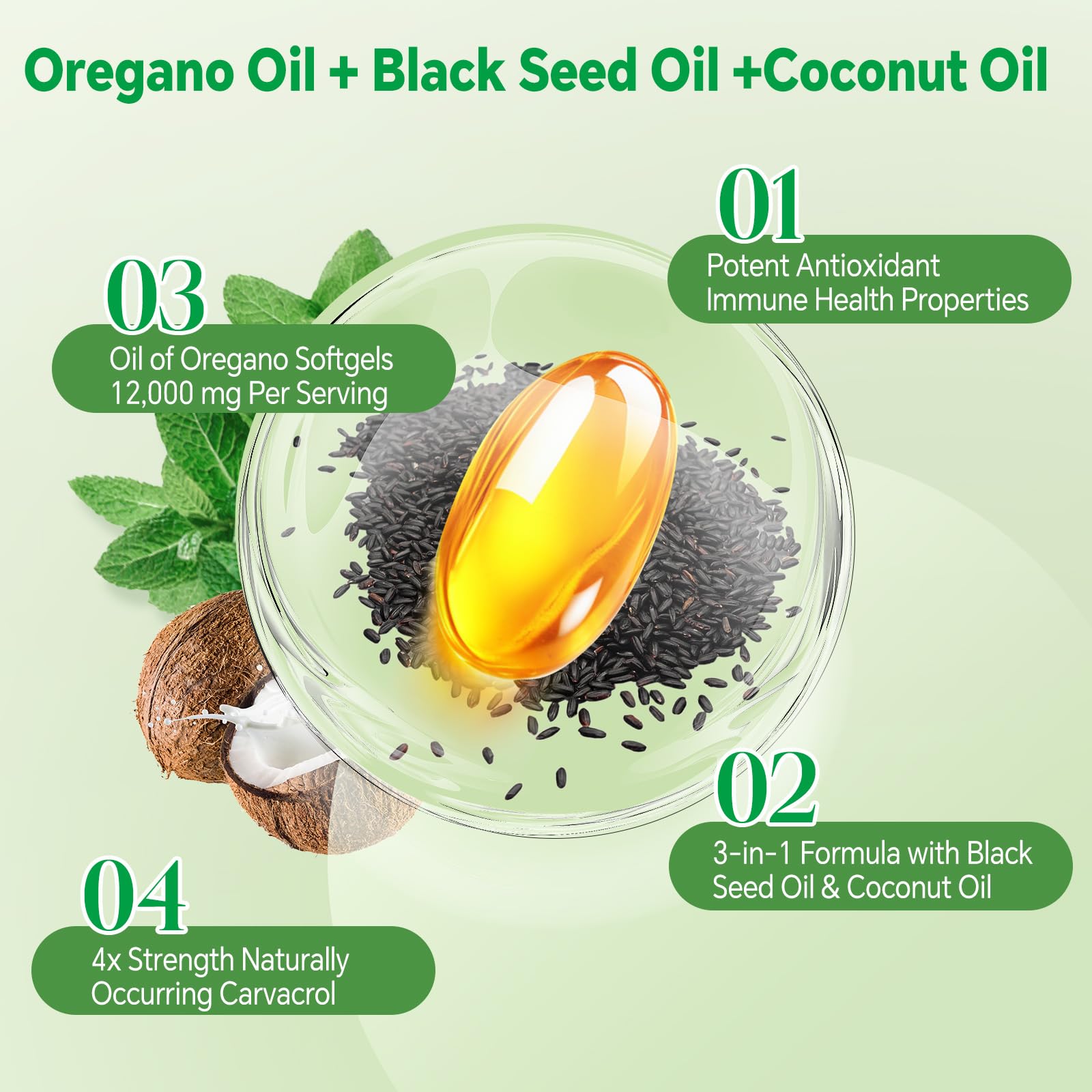 Close-up of TIMORA Oregano Oil Softgels showing softgel size