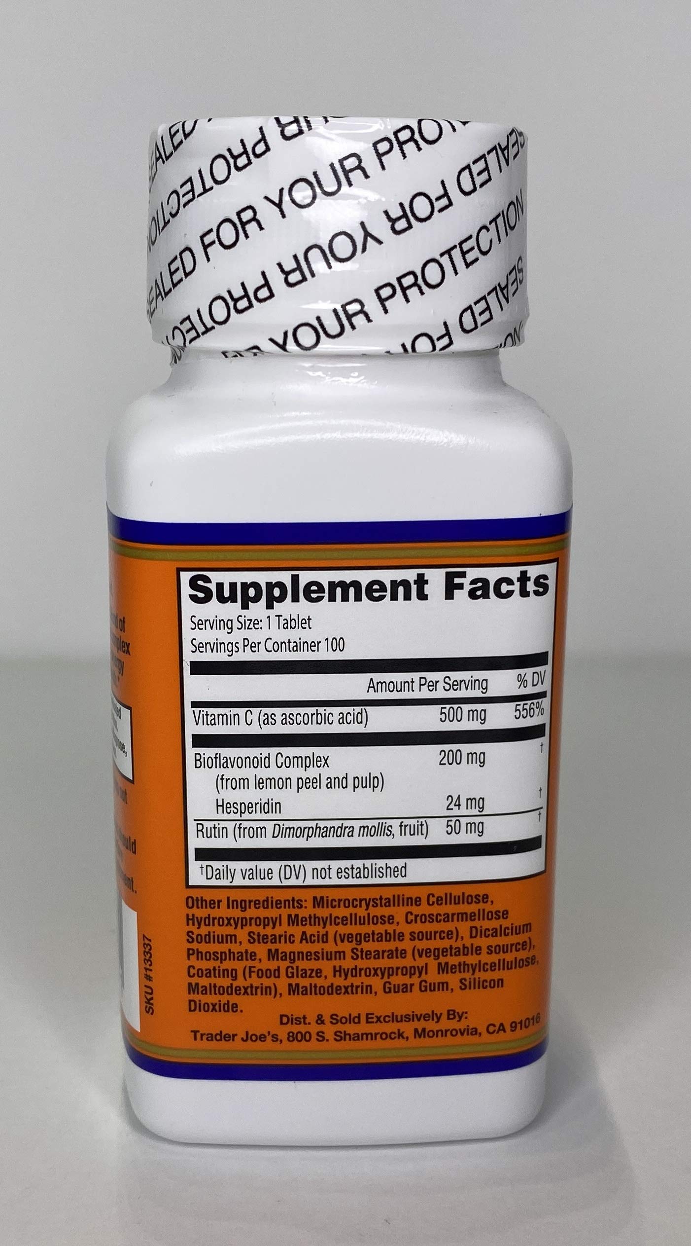 Close-up of TJ's Vitamin C Complex tablet