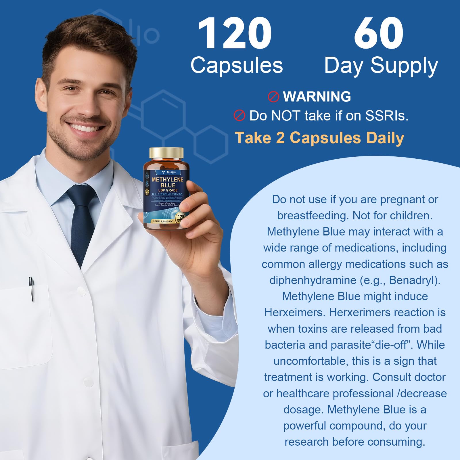 Close-up of Totaria Methylene Blue Brain Supplement capsules