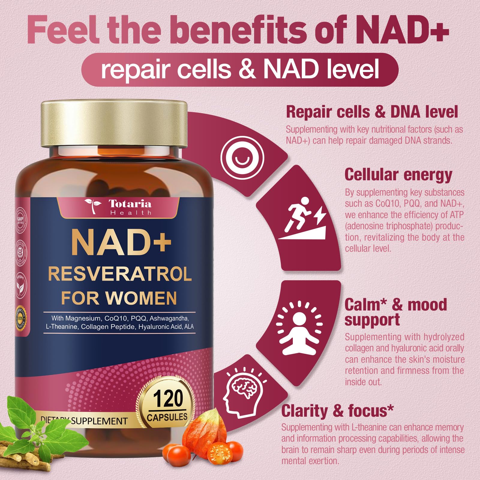 Close-up of Totaria NAD+ Supplement capsules