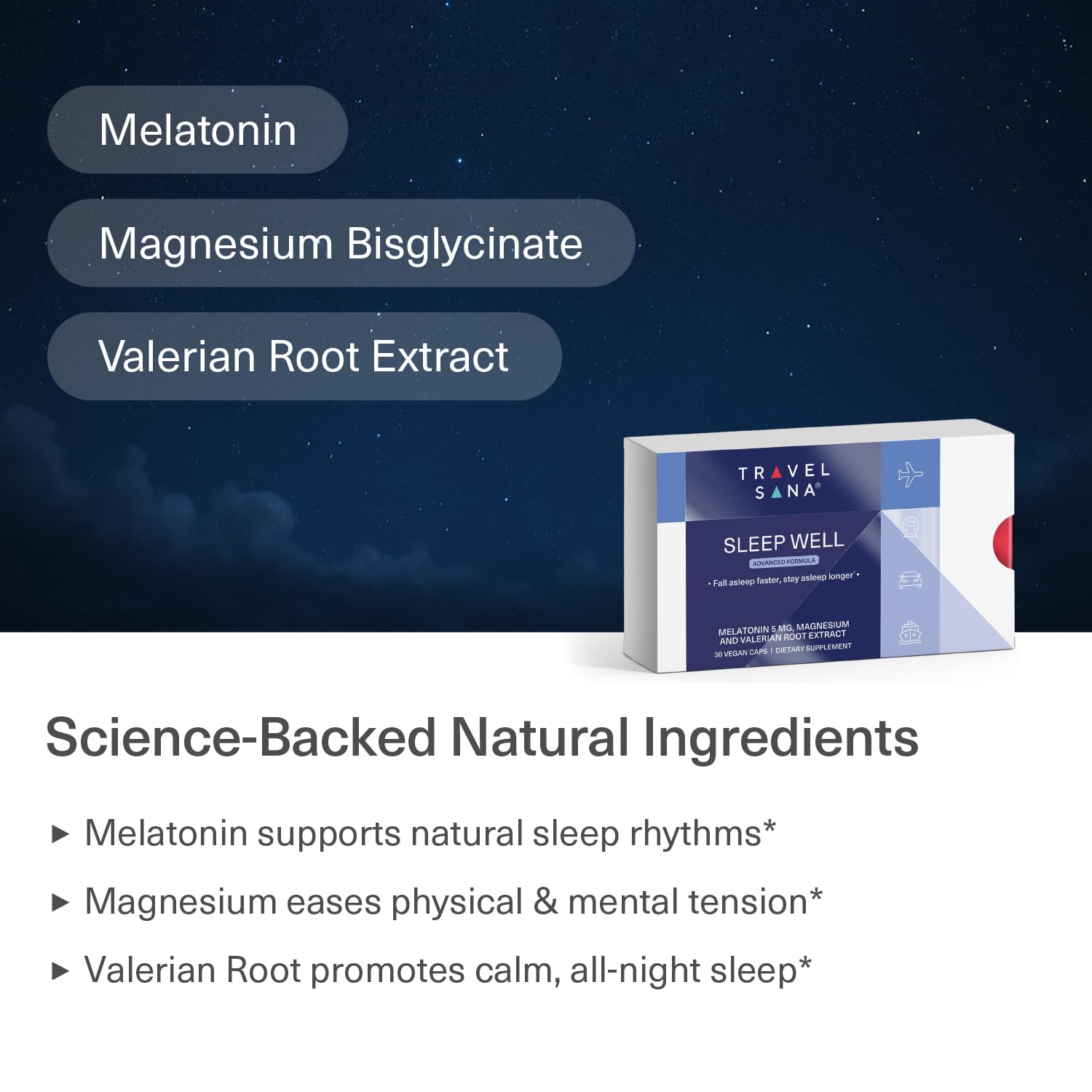 Close-up of TRAVELSANA Sleep Well capsule