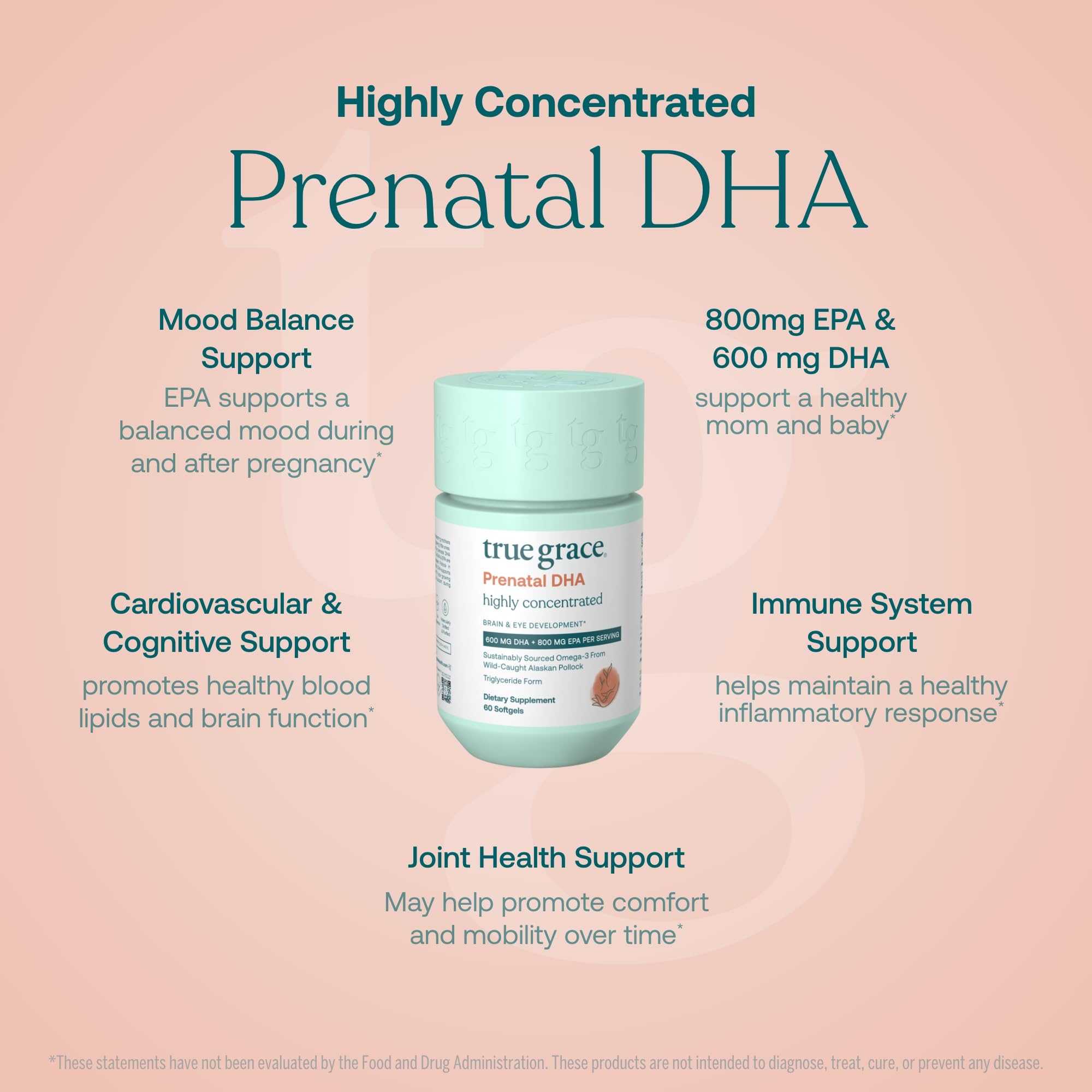Close-up of True Grace Prenatal DHA capsules