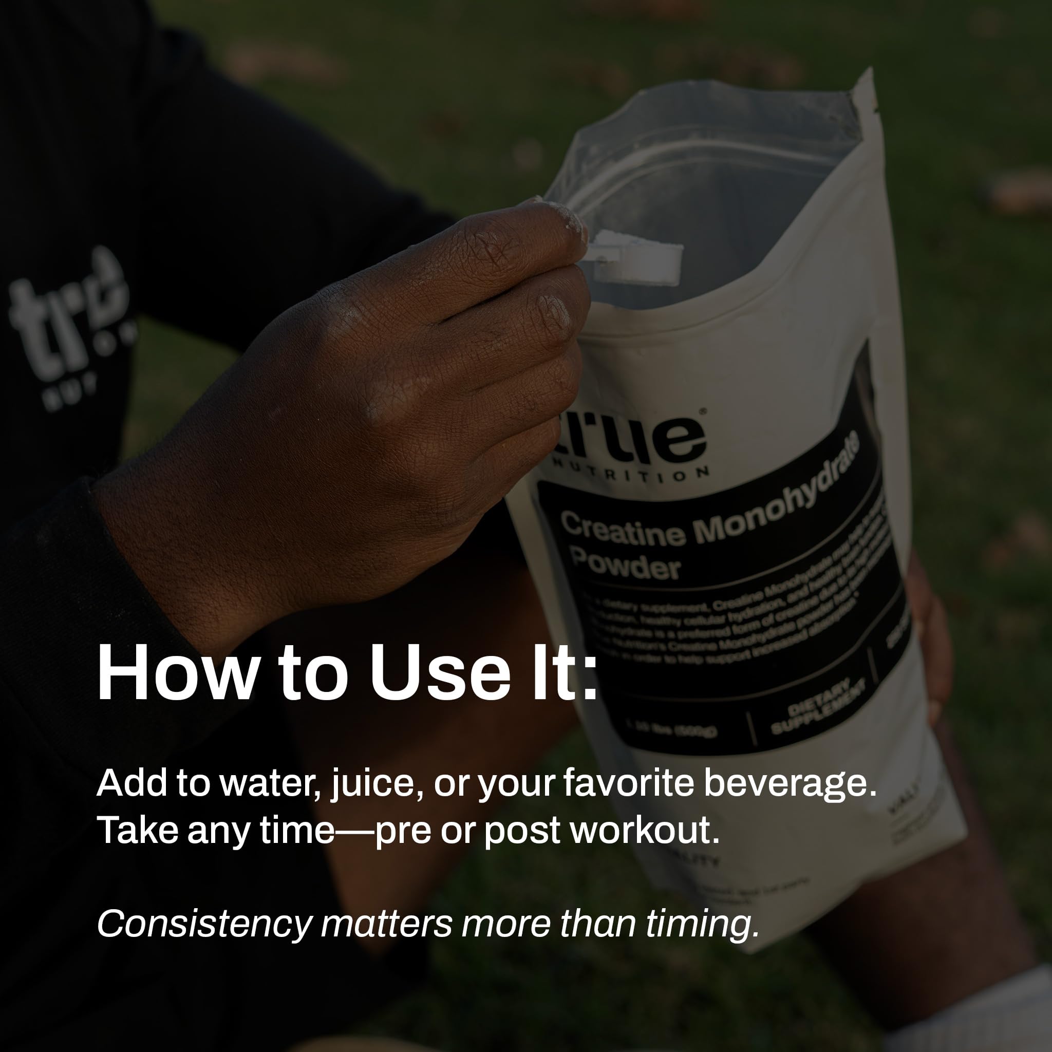Close-up of True Nutrition Creatine Monohydrate powder in a glass of water