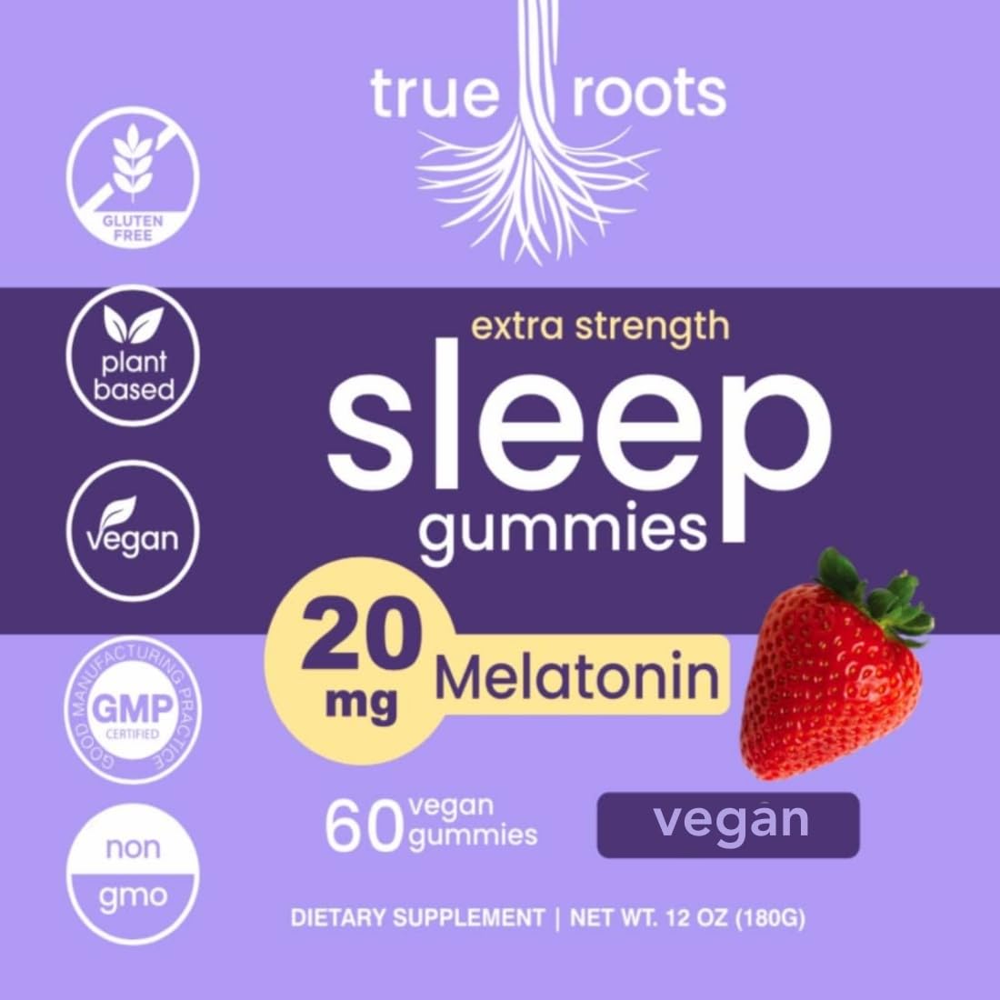 Close-up of True Roots Sleep Gummies strawberry flavour