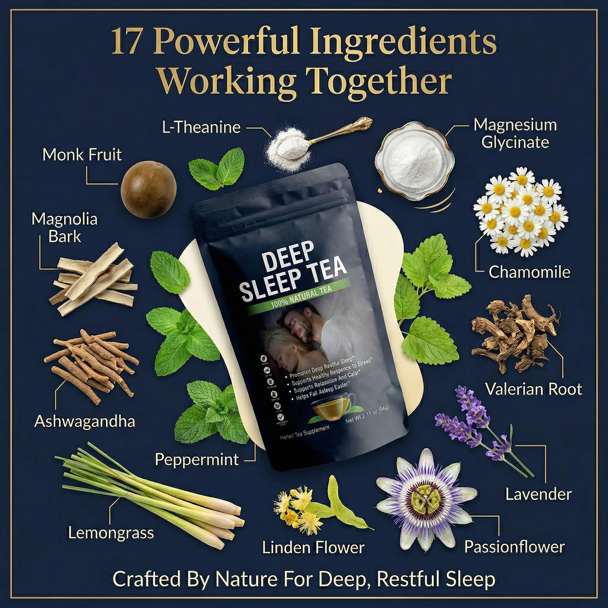 Close-up of Truth Leaves Deep Sleep Bedtime Tea ingredients